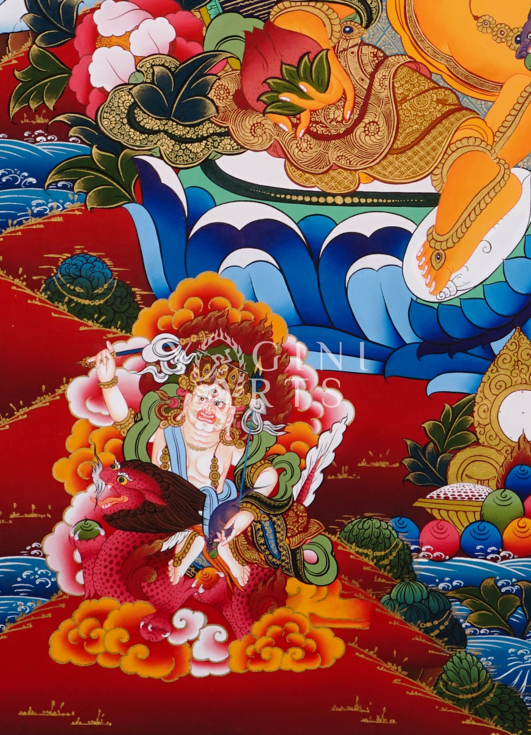 Yellow Zambhala Tibetan thangka featuring the Buddhist deity of wealth seated on a lotus throne with sacred gold detailing and prosperity symbolism