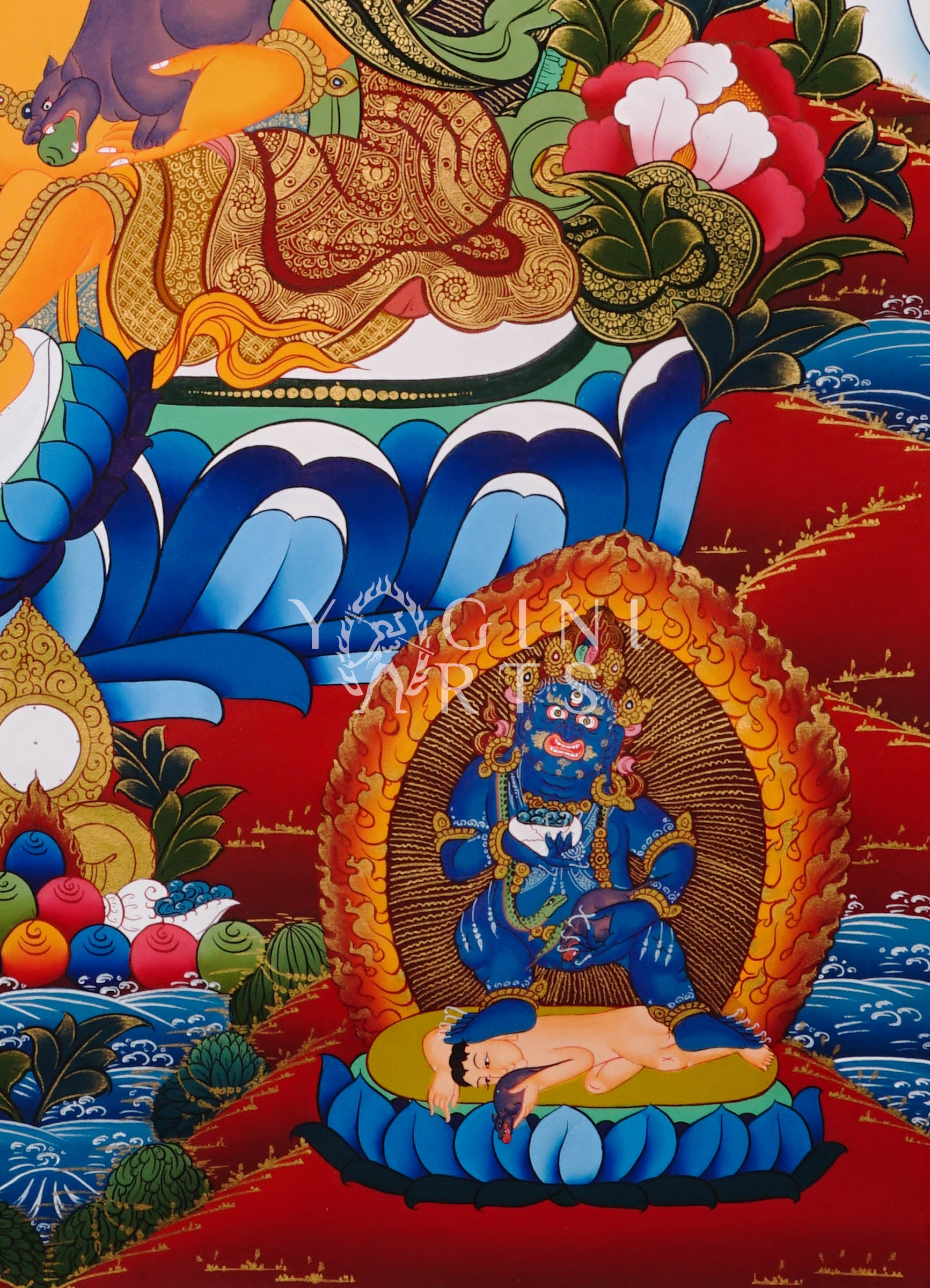 Yellow Zambhala Tibetan thangka featuring the Buddhist deity of wealth seated on a lotus throne with sacred gold detailing and prosperity symbolism