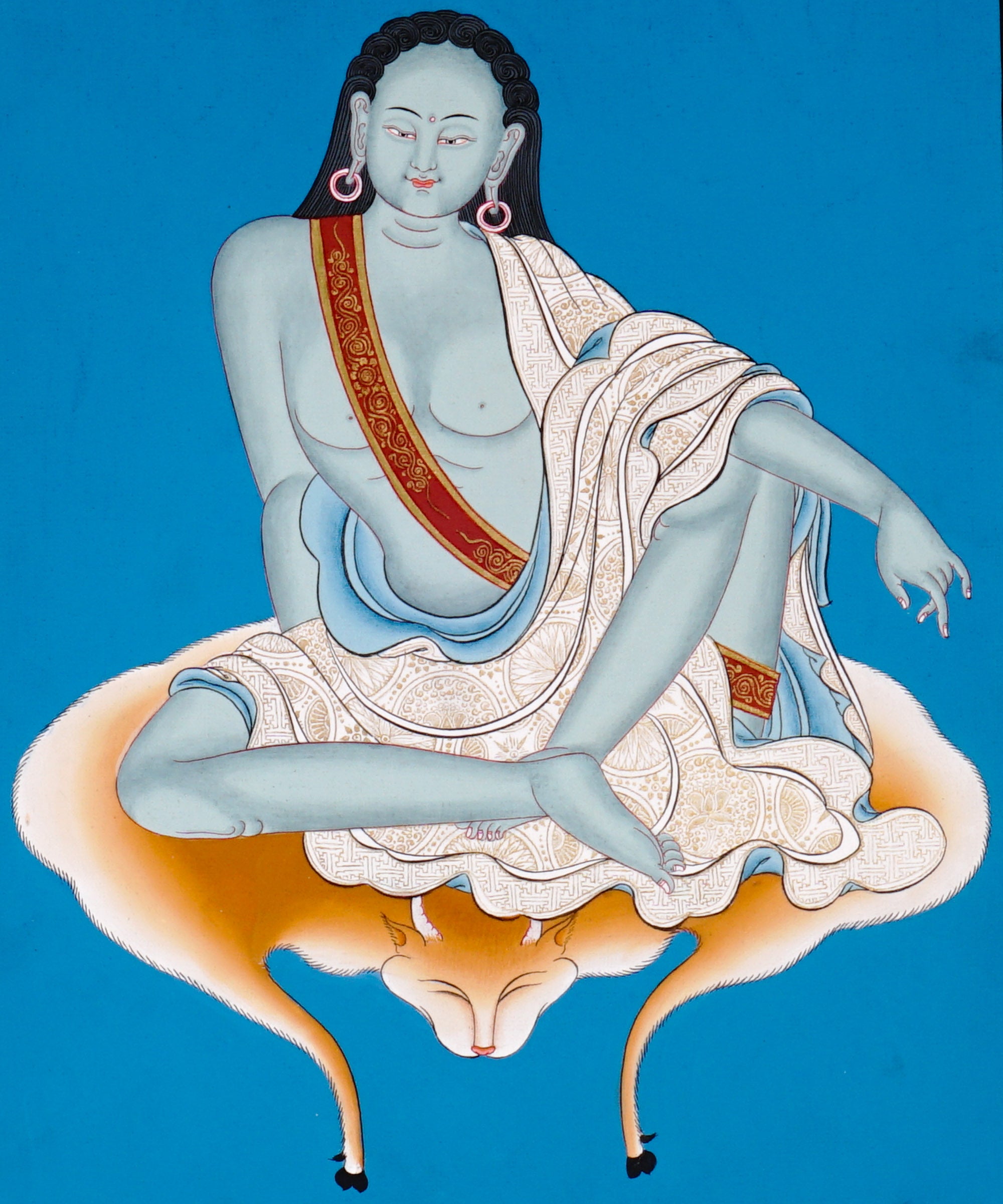 Hand-painted Milarepa thangka with blue background, deer skin seat, skull cup, and raised listening gesture, traditional Tibetan Buddhist art.