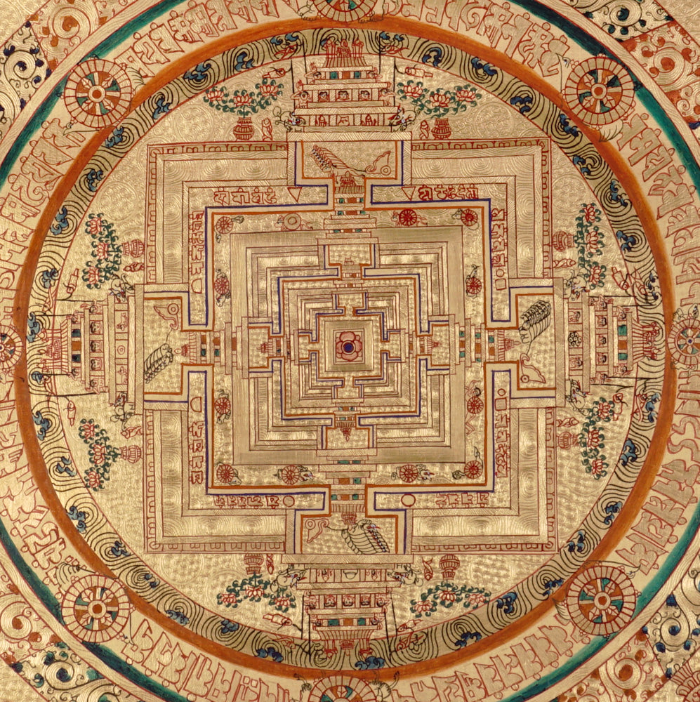 Hand-painted Kalachakra mandala thangka representing the sacred Wheel of Time in Tibetan Buddhism.