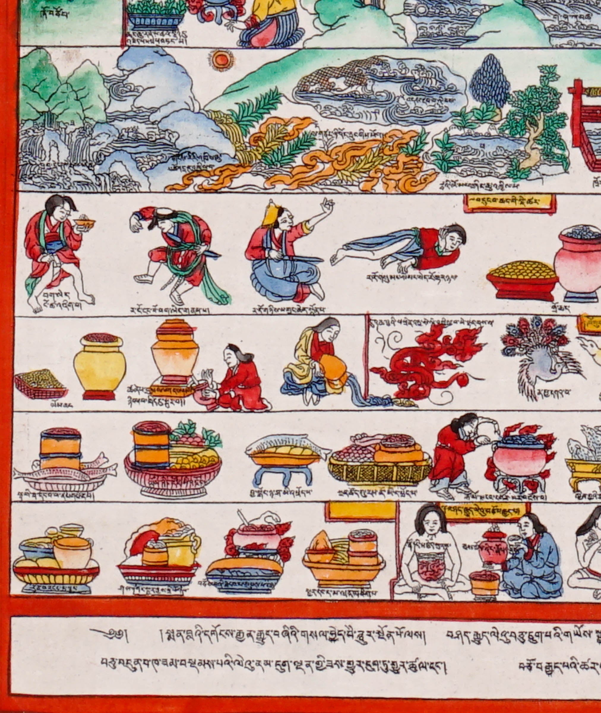 Tibetan medical thangka depicting traditional Sowa Rigpa healing practices, herbal medicine preparation, pharmaceutical processes, physicians, medicinal plants, and educational medical illustrations