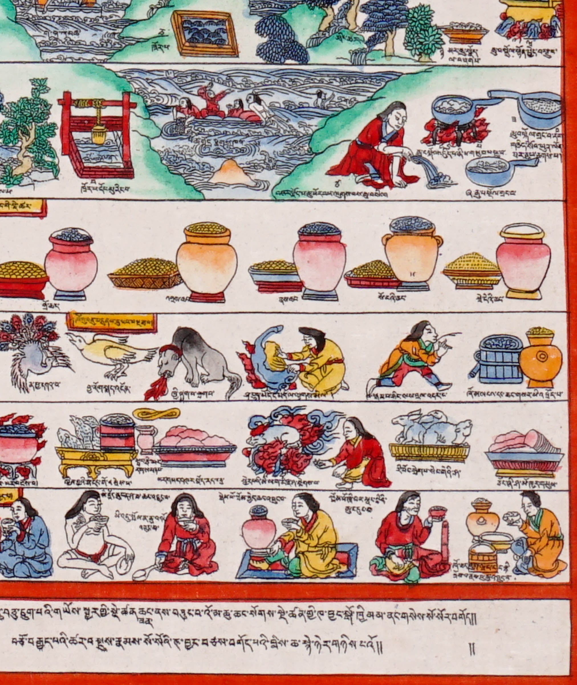 Tibetan medical thangka depicting traditional Sowa Rigpa healing practices, herbal medicine preparation, pharmaceutical processes, physicians, medicinal plants, and educational medical illustrations