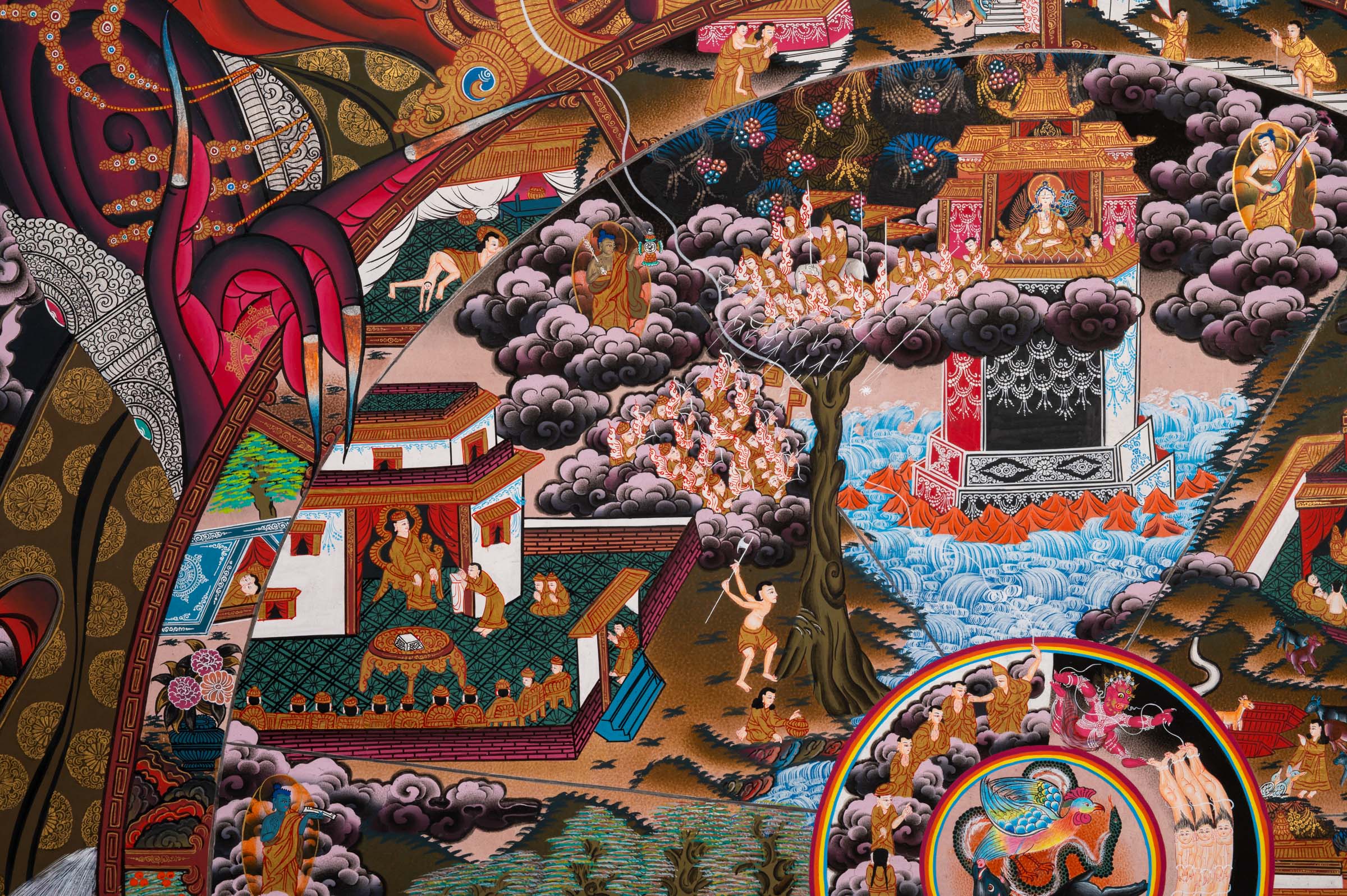 Wheel of Life (Bhavachakra) Thangka painting depicting the Buddhist cycle of existence, held by Yama, illustrating the six realms of rebirth, karma, and impermanence in a traditional Tibetan Buddhist composition.