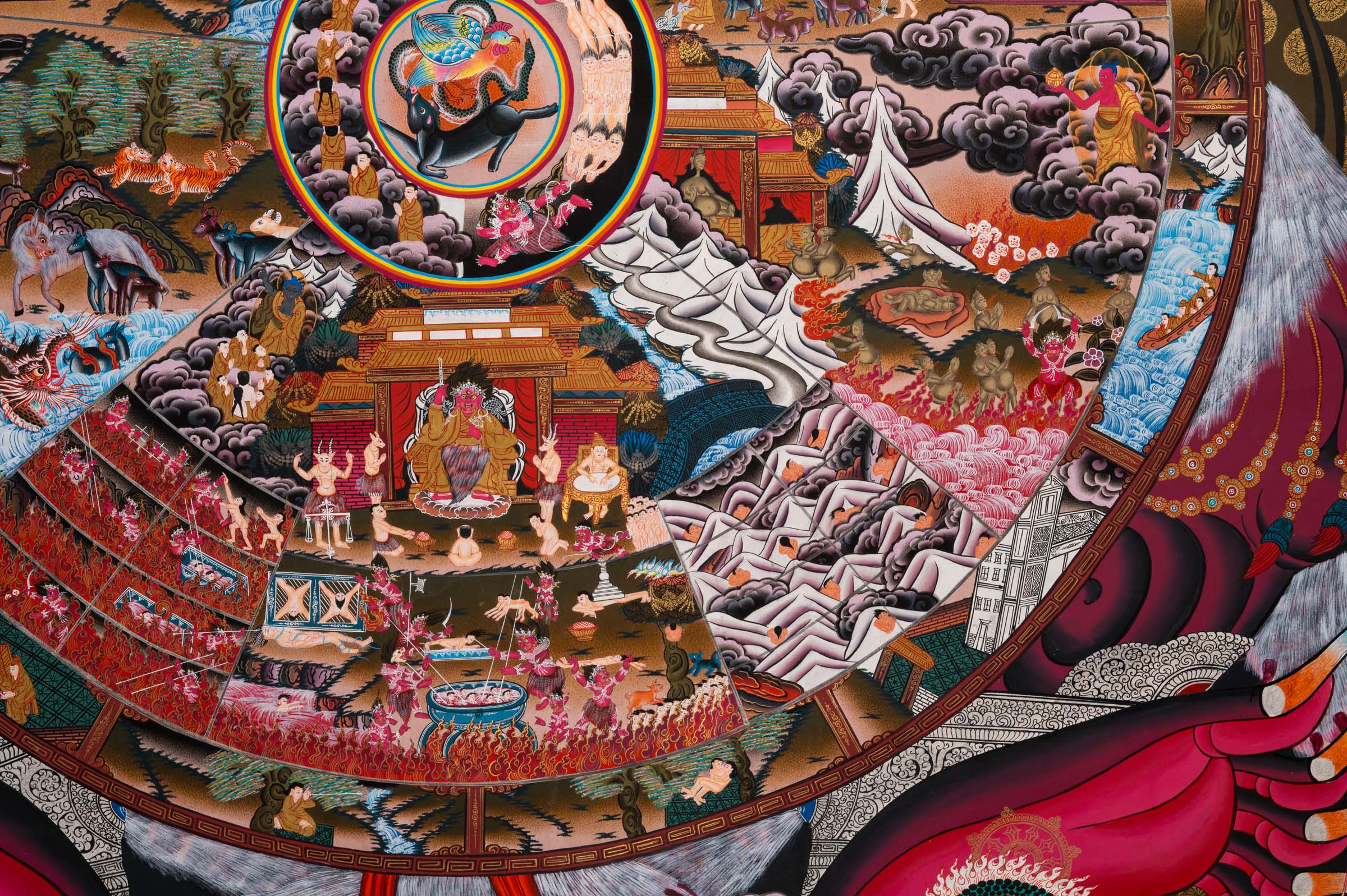 Wheel of Life (Bhavachakra) Thangka painting depicting the Buddhist cycle of existence, held by Yama, illustrating the six realms of rebirth, karma, and impermanence in a traditional Tibetan Buddhist composition.