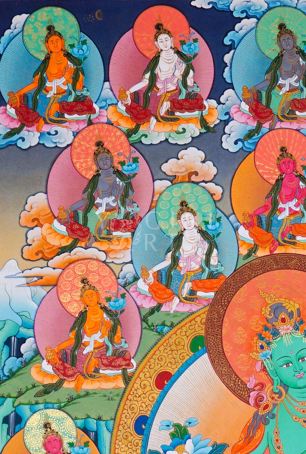 Hand-painted 21 Tara Thangka featuring Green Tara surrounded by the Twenty-One Manifestations of Tara on lotus thrones with Himalayan landscape background.