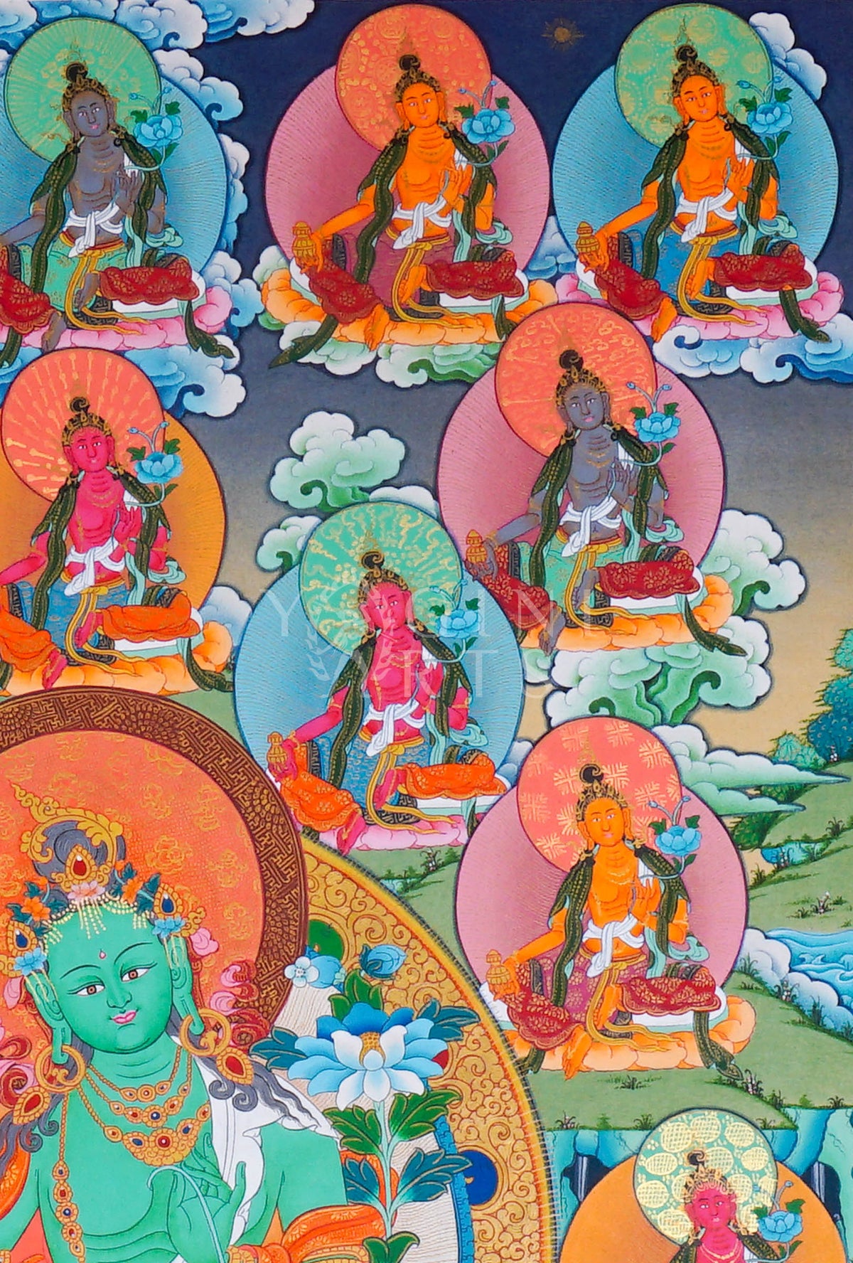 Hand-painted 21 Tara Thangka featuring Green Tara surrounded by the Twenty-One Manifestations of Tara on lotus thrones with Himalayan landscape background.