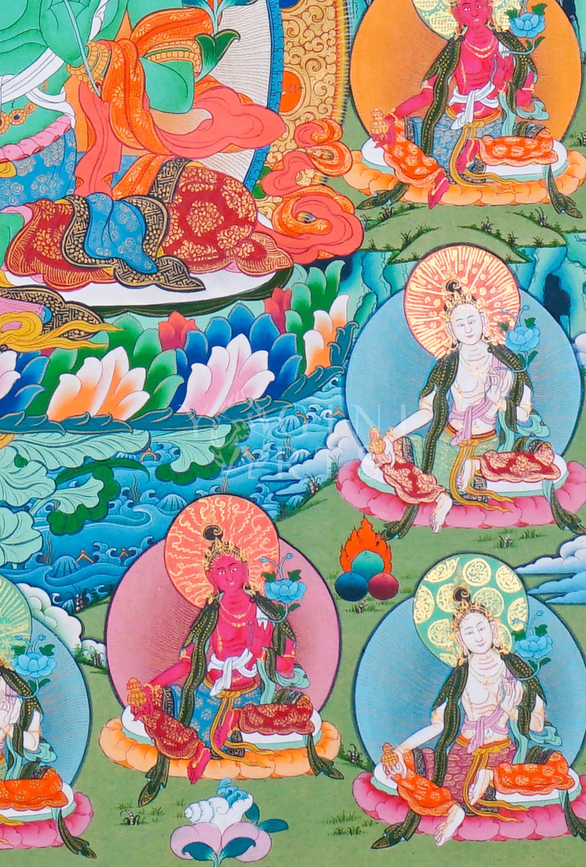 Hand-painted 21 Tara Thangka featuring Green Tara surrounded by the Twenty-One Manifestations of Tara on lotus thrones with Himalayan landscape background.