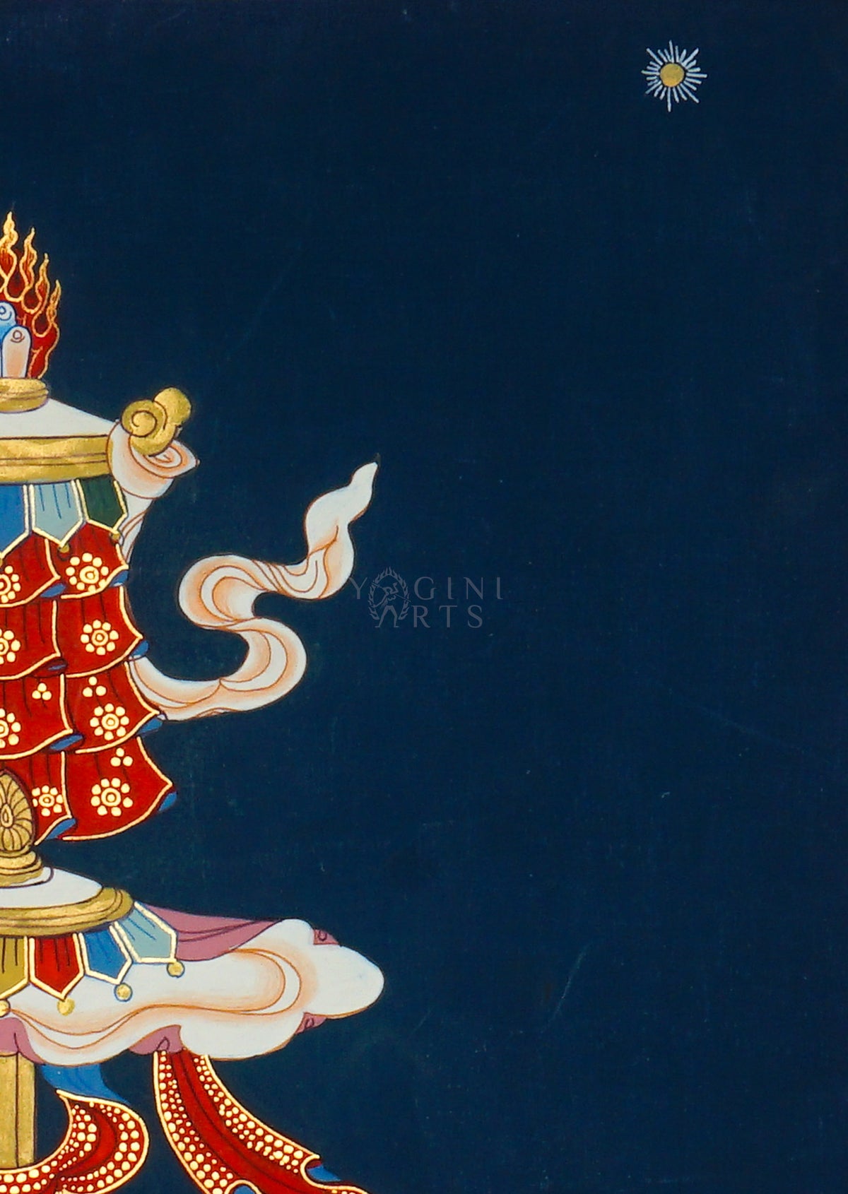 Ashtamangala Thangka painting featuring Eight Auspicious Buddhist Symbols on a deep blue background, 50 x 37 cm