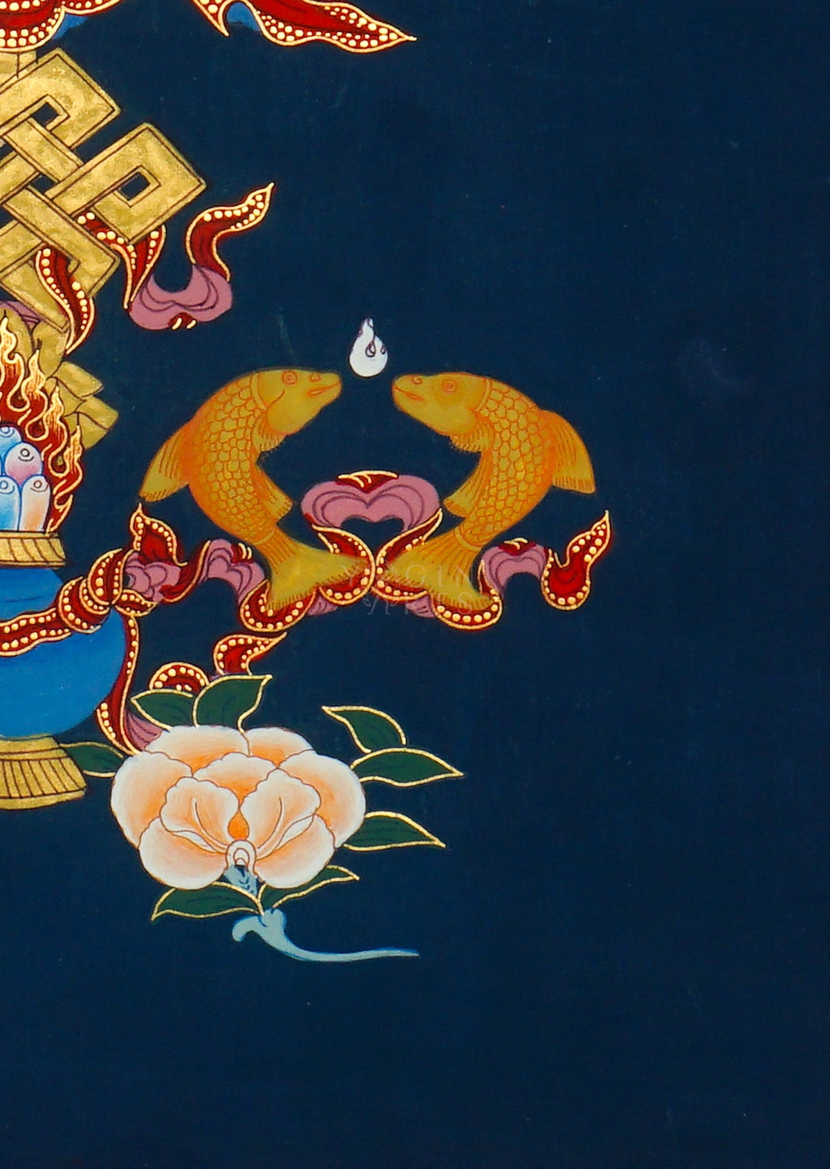 Ashtamangala Thangka painting featuring Eight Auspicious Buddhist Symbols on a deep blue background, 50 x 37 cm
