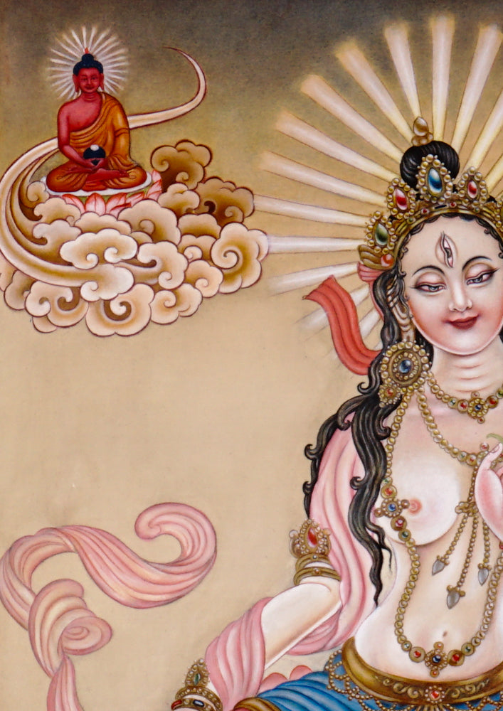 Hand-painted Newari White Tara thangka showing the Buddhist goddess of compassion seated on a lotus throne holding a utpala flower.