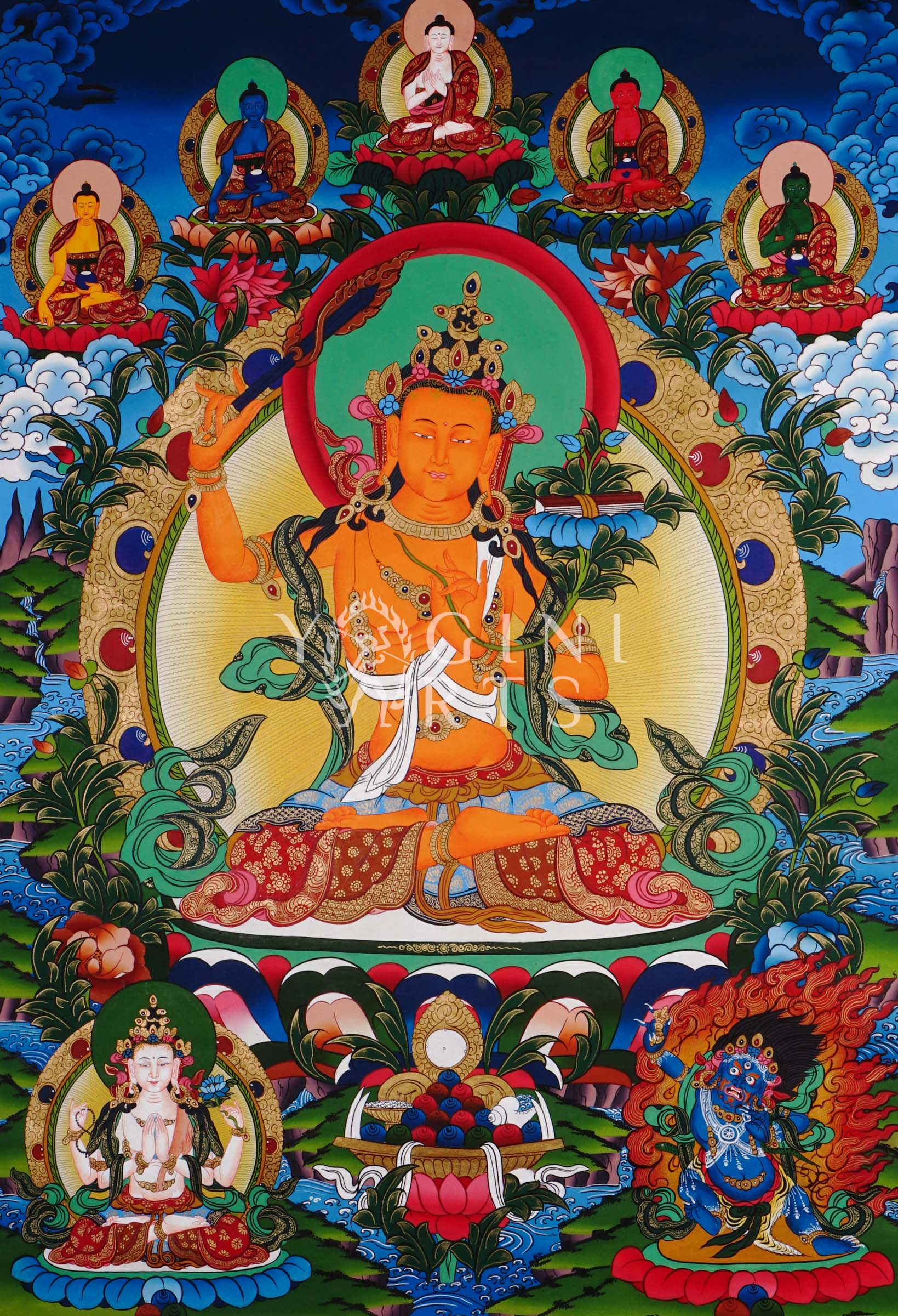 Manjushree thangka featuring the Tibetan Buddhist Bodhisattva of Wisdom holding a flaming sword and sacred scripture in traditional Himalayan style.