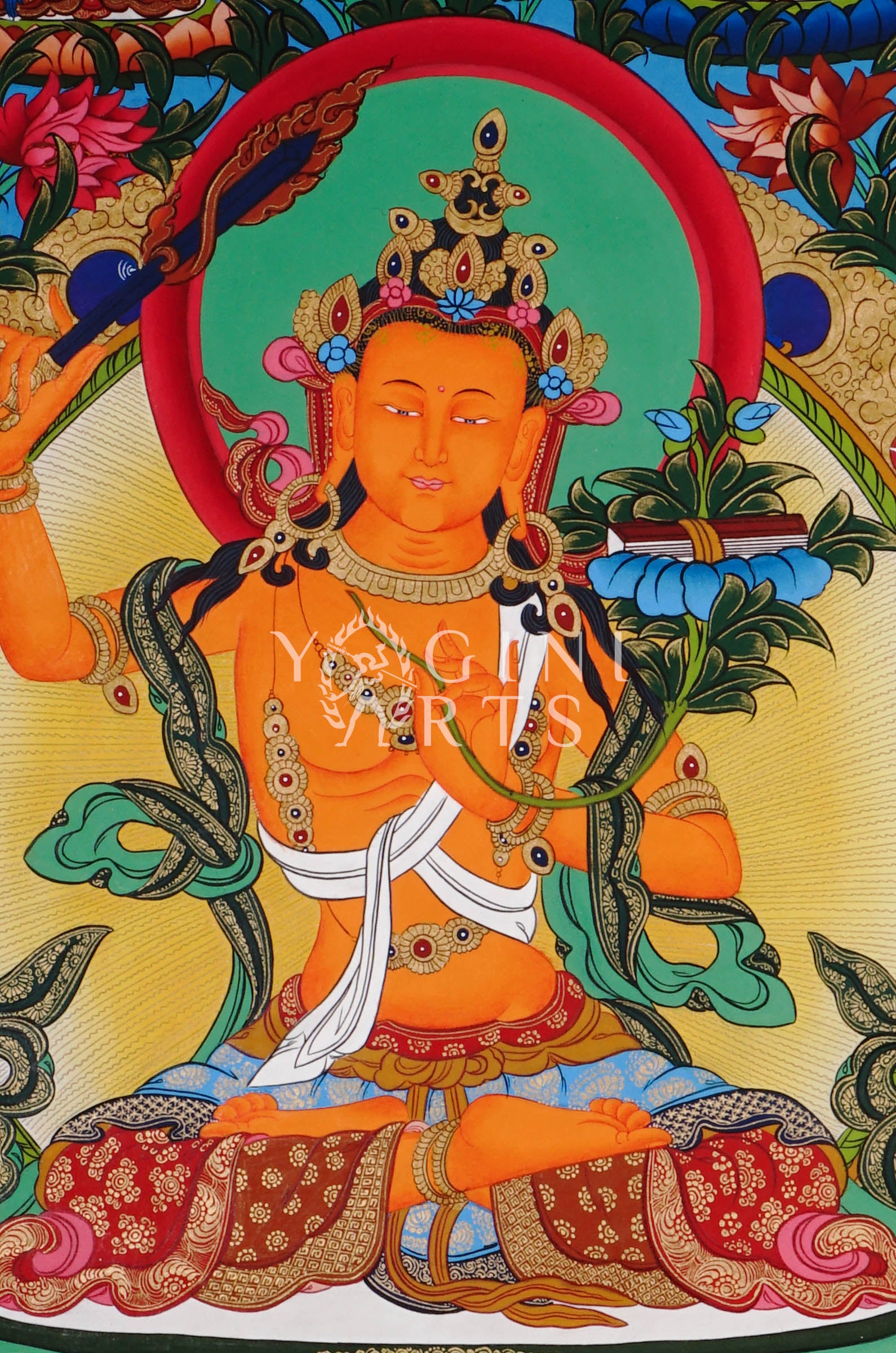 Manjushree thangka featuring the Tibetan Buddhist Bodhisattva of Wisdom holding a flaming sword and sacred scripture in traditional Himalayan style.