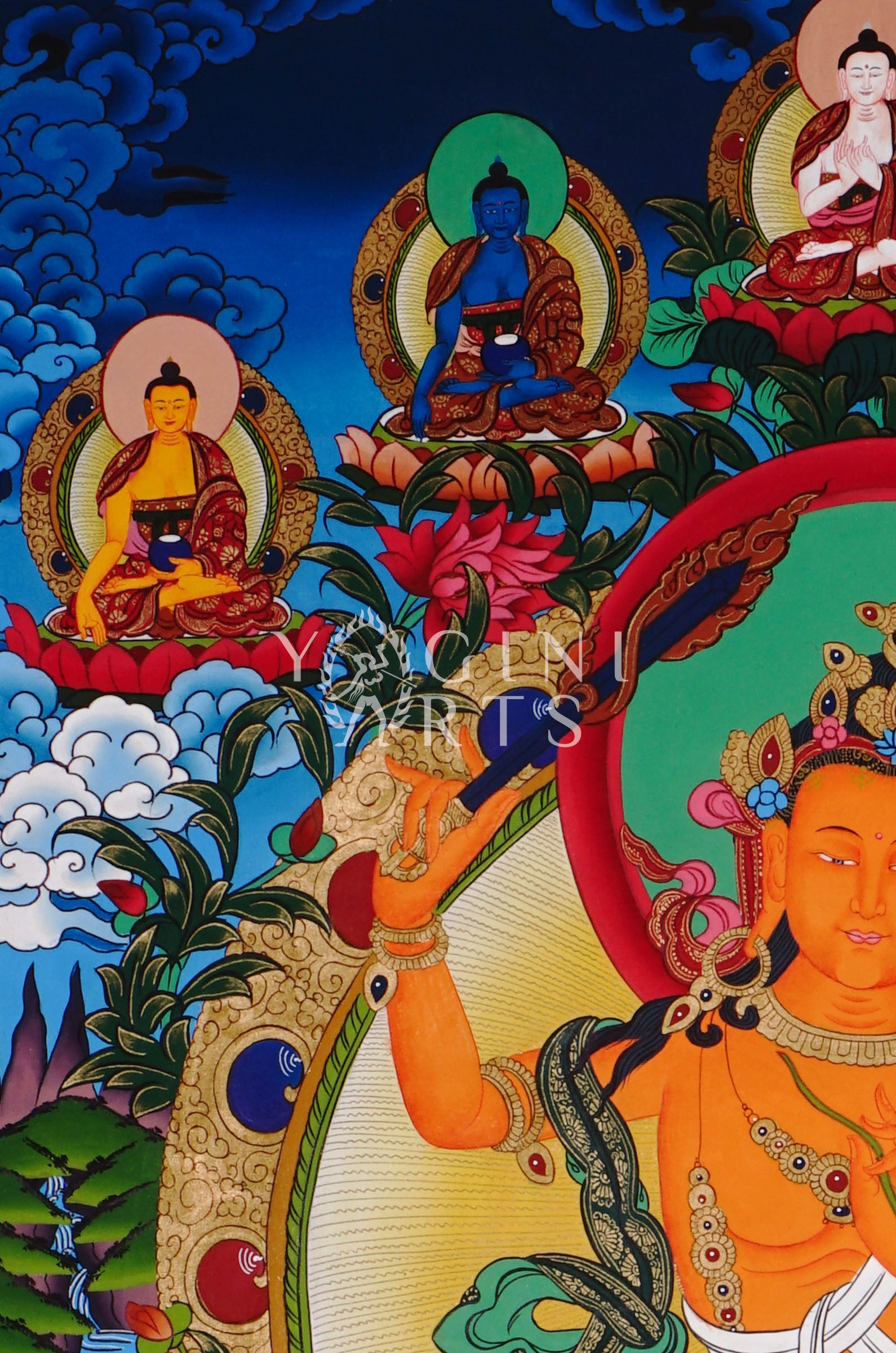 Manjushree thangka featuring the Tibetan Buddhist Bodhisattva of Wisdom holding a flaming sword and sacred scripture in traditional Himalayan style.
