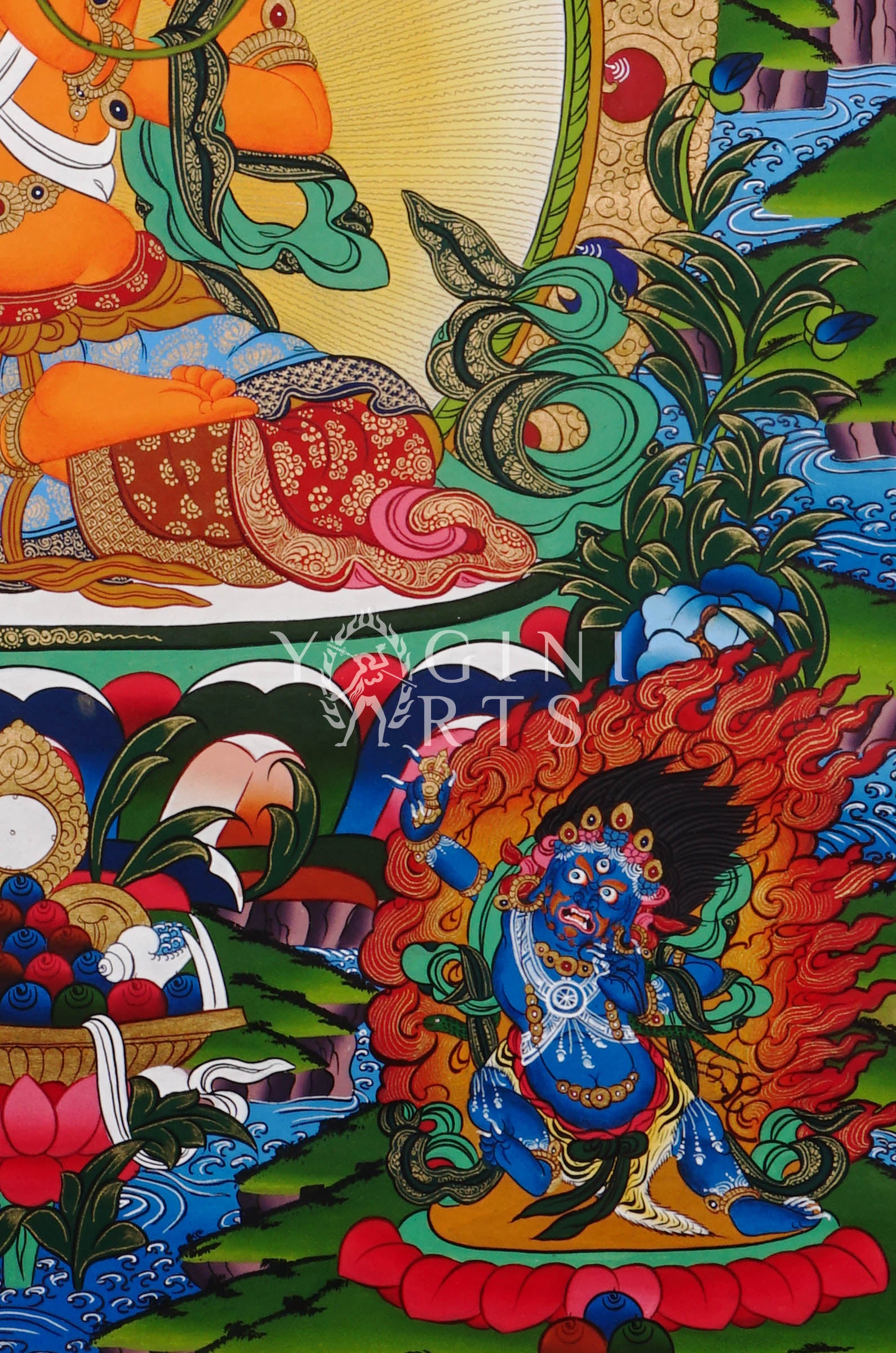 Manjushree thangka featuring the Tibetan Buddhist Bodhisattva of Wisdom holding a flaming sword and sacred scripture in traditional Himalayan style.