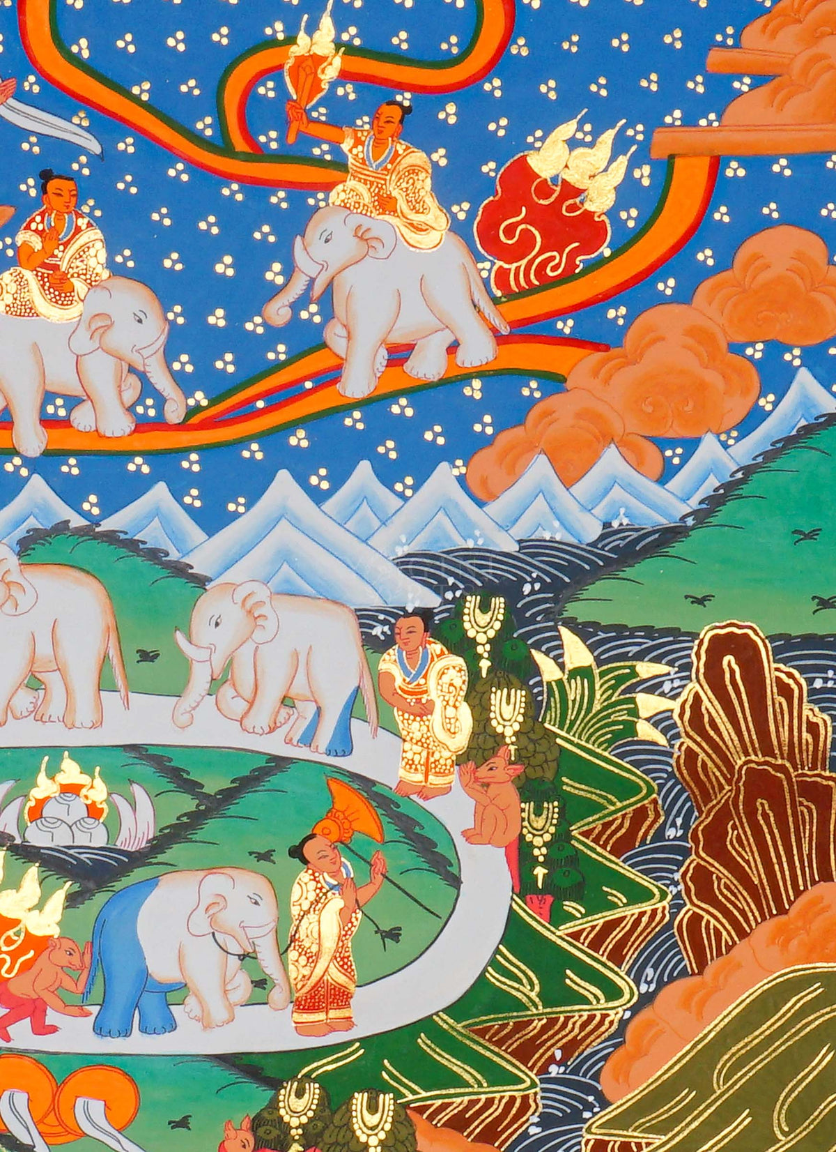 Way to Heaven Thangka painting featuring elephants, celestial figures, and a winding white path through a colorful Himalayan landscape, 60 x 45 cm