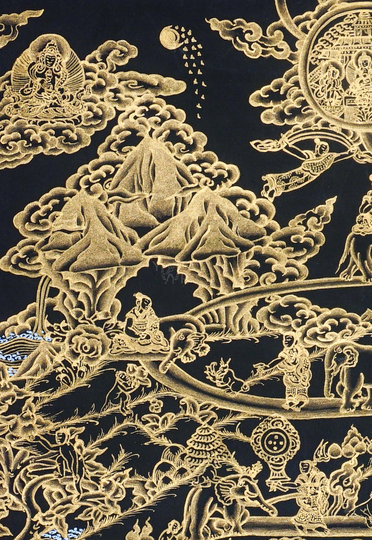 Black and gold Way to Heaven Thangka painting featuring winding pathways, elephants, mountains, rivers, celestial figures, and Himalayan landscapes, 60 x 40 cm