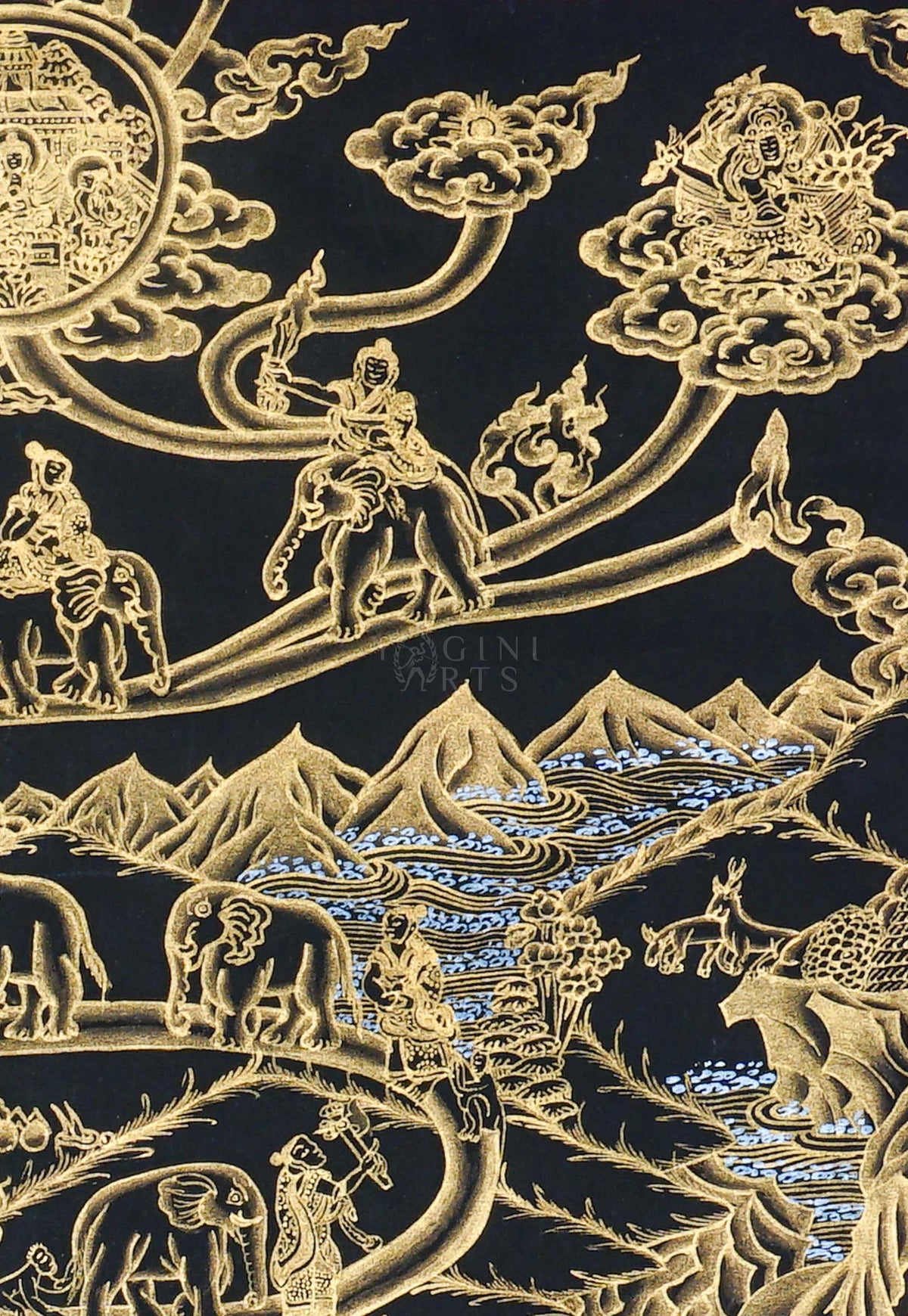 Black and gold Way to Heaven Thangka painting featuring winding pathways, elephants, mountains, rivers, celestial figures, and Himalayan landscapes, 60 x 40 cm