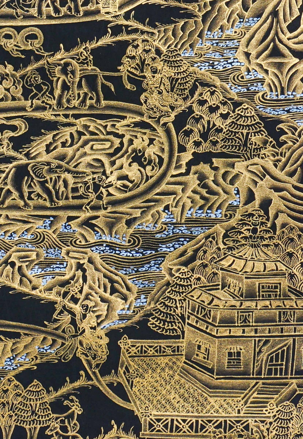 Black and gold Way to Heaven Thangka painting featuring winding pathways, elephants, mountains, rivers, celestial figures, and Himalayan landscapes, 60 x 40 cm