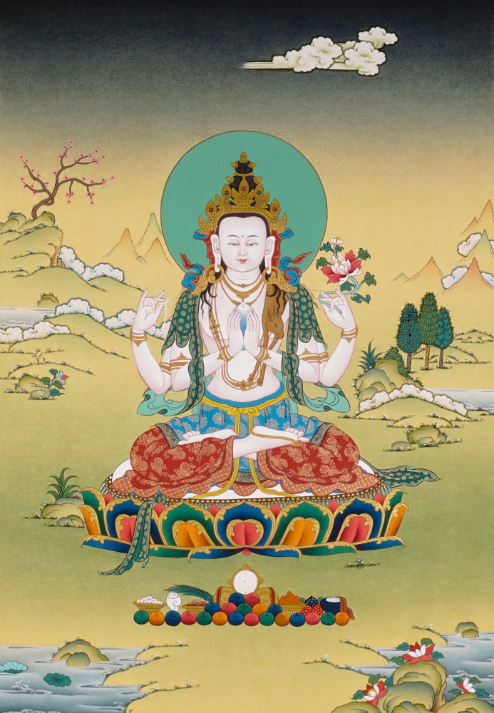 Hand-painted Chenrezig thangka showing Avalokiteshvara with four arms seated on a lotus throne holding a jewel, mala, and lotus.