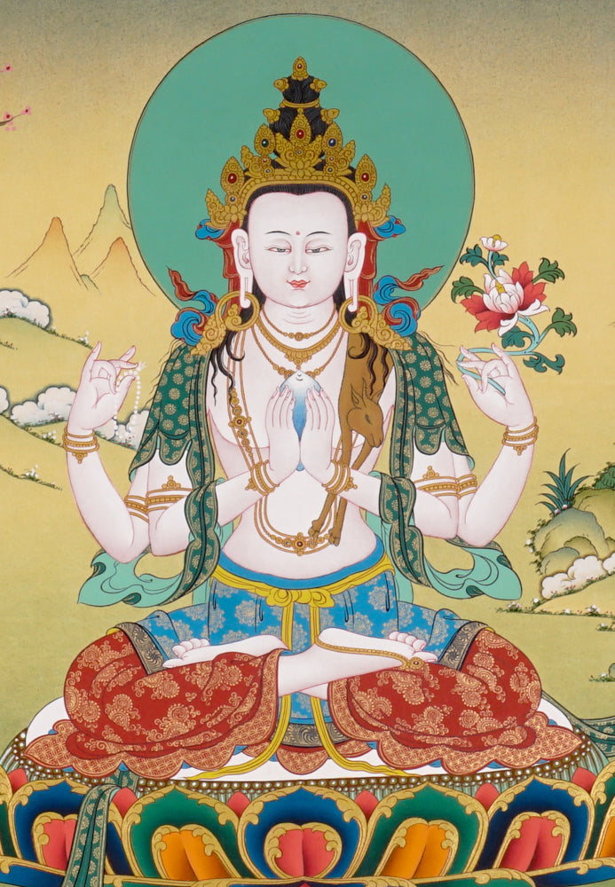 Hand-painted Chenrezig thangka showing Avalokiteshvara with four arms seated on a lotus throne holding a jewel, mala, and lotus.