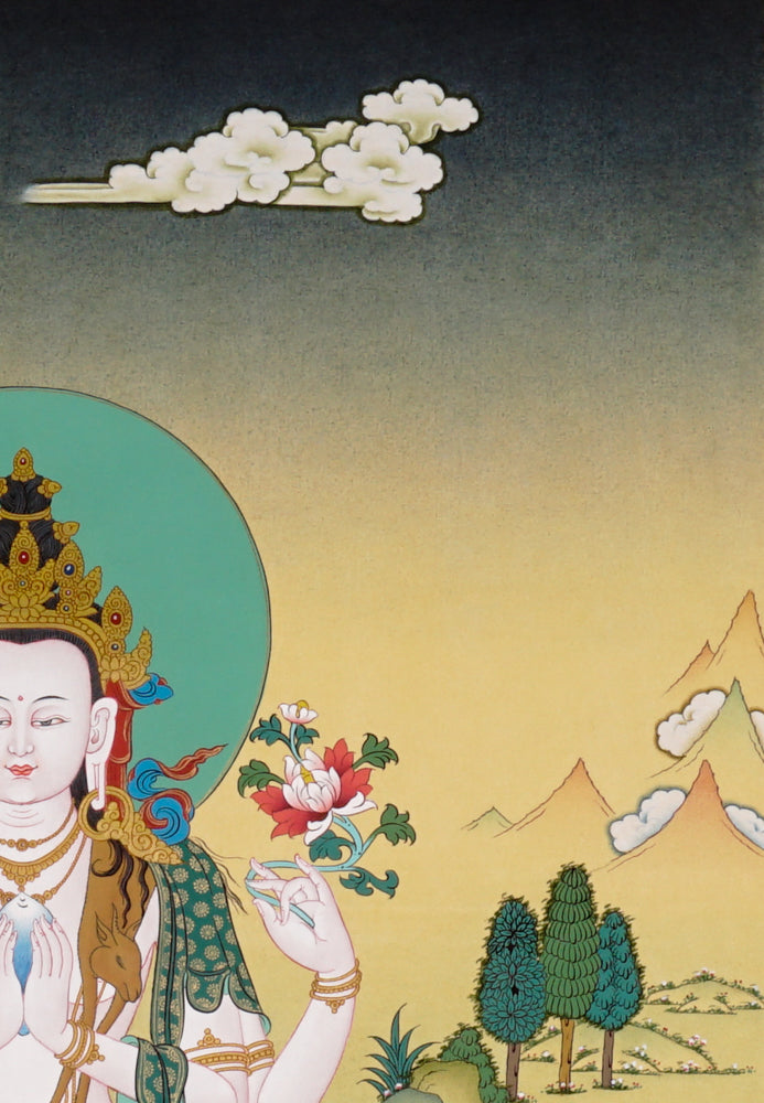 Hand-painted Chenrezig thangka showing Avalokiteshvara with four arms seated on a lotus throne holding a jewel, mala, and lotus.