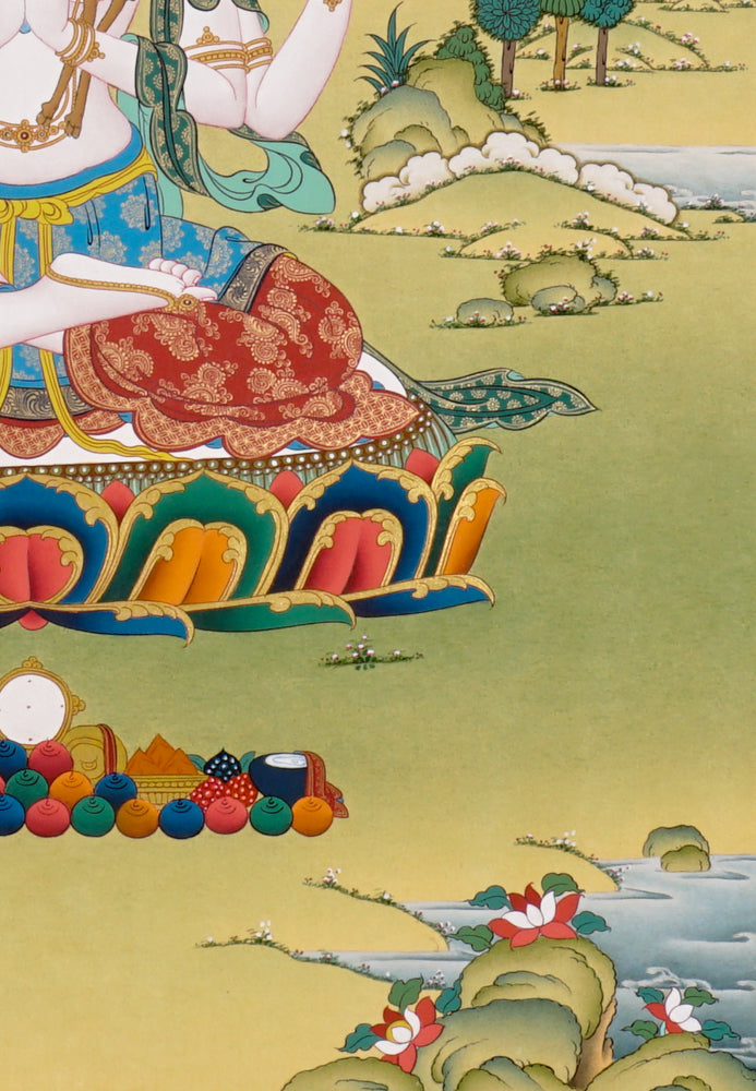 Hand-painted Chenrezig thangka showing Avalokiteshvara with four arms seated on a lotus throne holding a jewel, mala, and lotus.