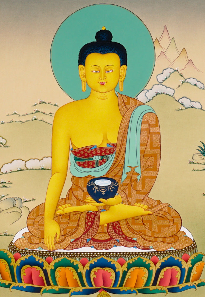 Hand-painted Shakyamuni Buddha thangka showing the historical Buddha seated on a lotus throne performing the earth-touching mudra.