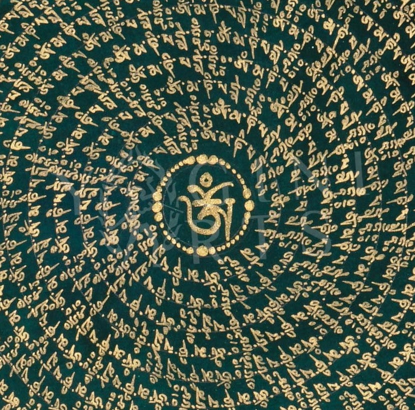 Hand-painted Tibetan OM mandala thangka featuring sacred gold mantra calligraphy surrounded by concentric blue cosmic rings on a black background.