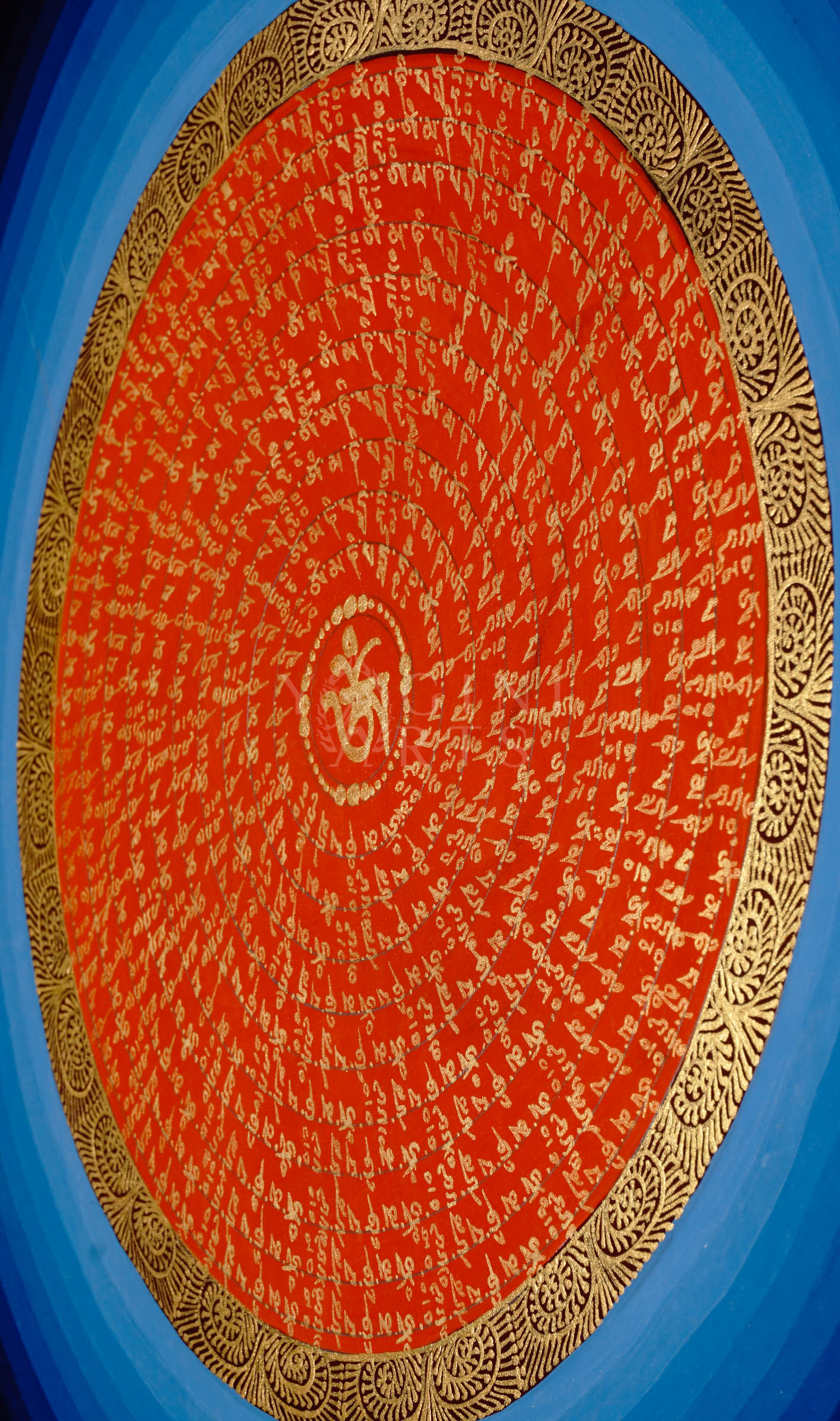 Hand-painted Tibetan Red OM Mandala thangka featuring sacred gold Tibetan mantra calligraphy surrounded by concentric blue cosmic rings on a black background.