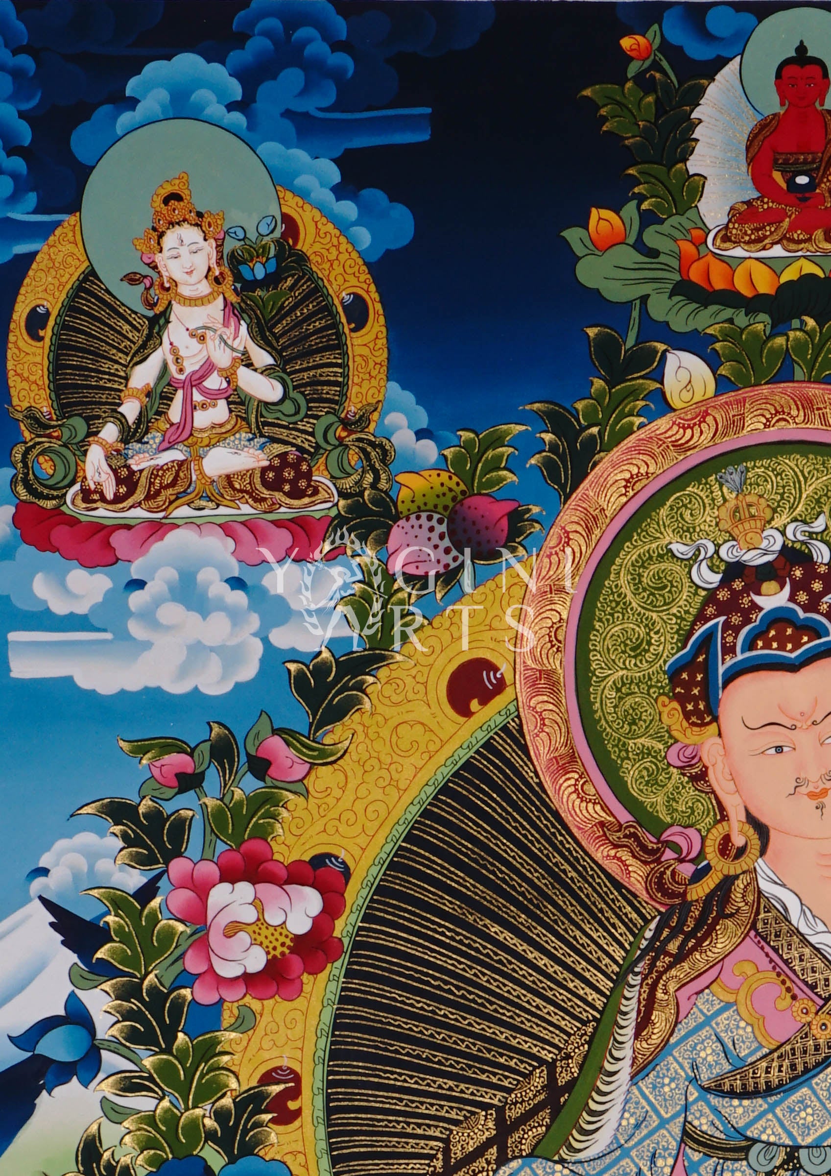 Guru Rinpoche thangka featuring Padmasambhava seated on a lotus throne with sacred tantric symbols and intricate Tibetan gold detailing