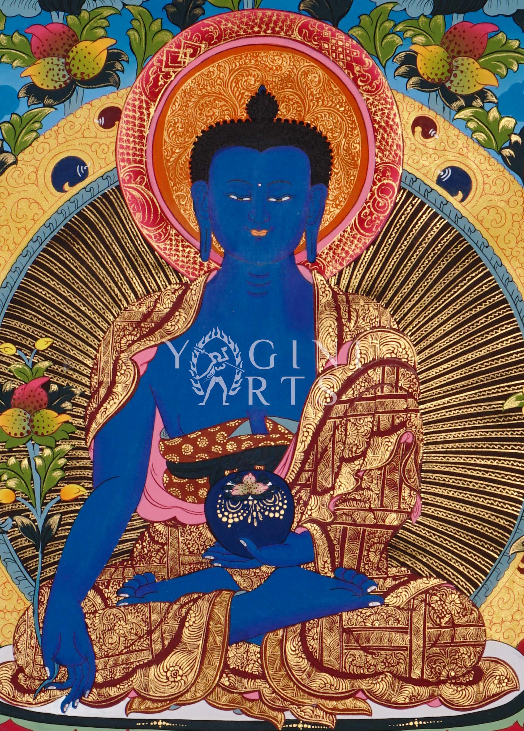 Hand-painted Medicine Buddha thangka featuring the Tibetan Buddha of Healing seated on a lotus throne with sacred gold detailing and vibrant Himalayan symbolism