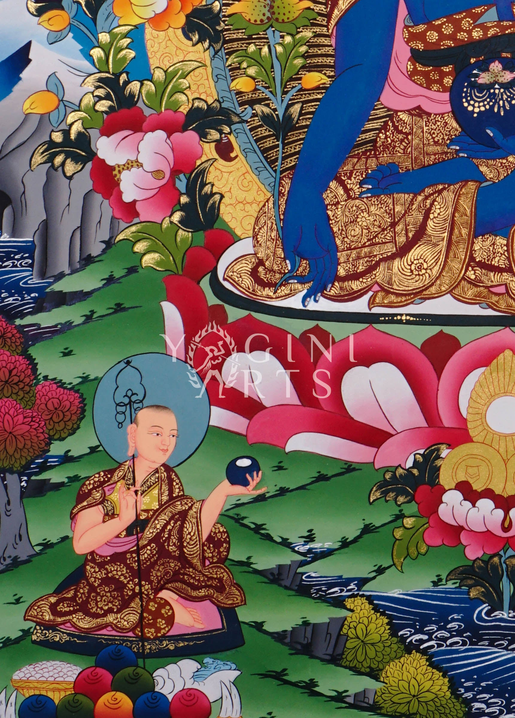 Hand-painted Medicine Buddha thangka featuring the Tibetan Buddha of Healing seated on a lotus throne with sacred gold detailing and vibrant Himalayan symbolism