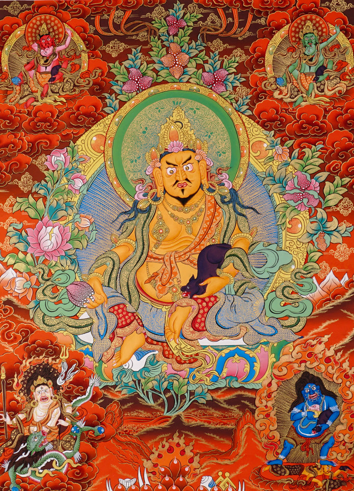 Hand-painted thangka of the 5 Zambhalas, featuring Yellow Zambhala in the center surrounded by White, Black, Red, and Green wealth deities on a vibrant background.