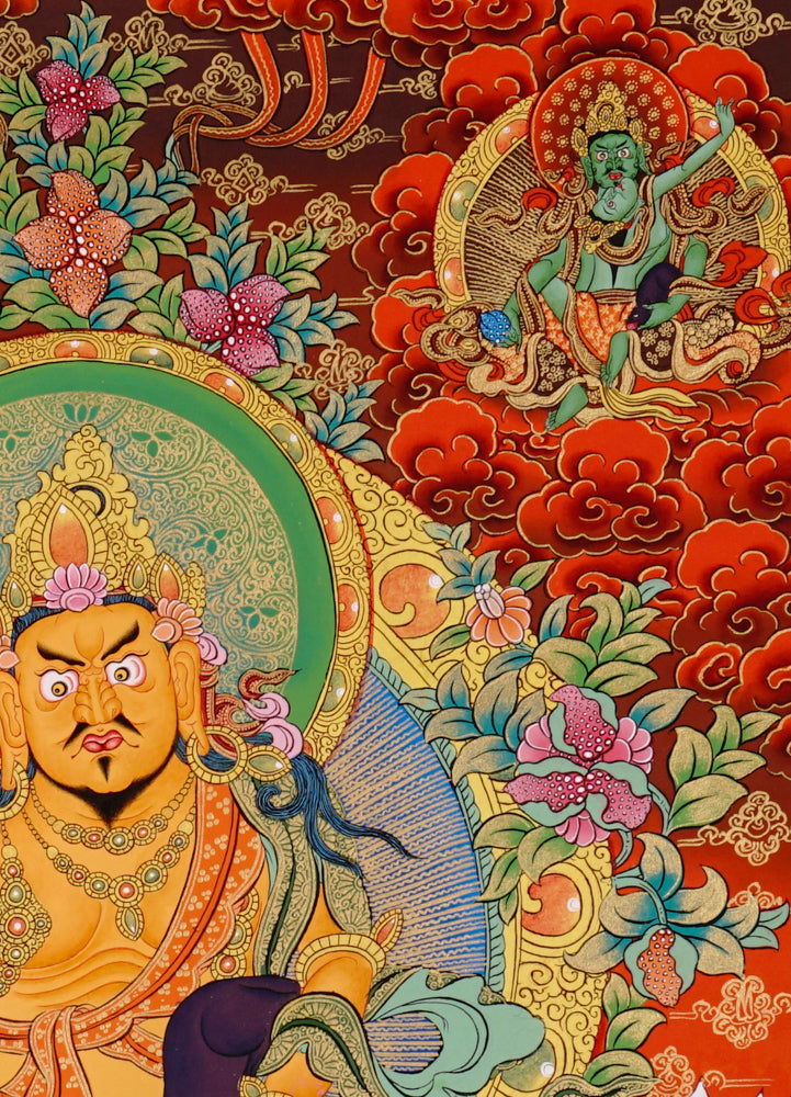 Hand-painted thangka of the 5 Zambhalas, featuring Yellow Zambhala in the center surrounded by White, Black, Red, and Green wealth deities on a vibrant background.