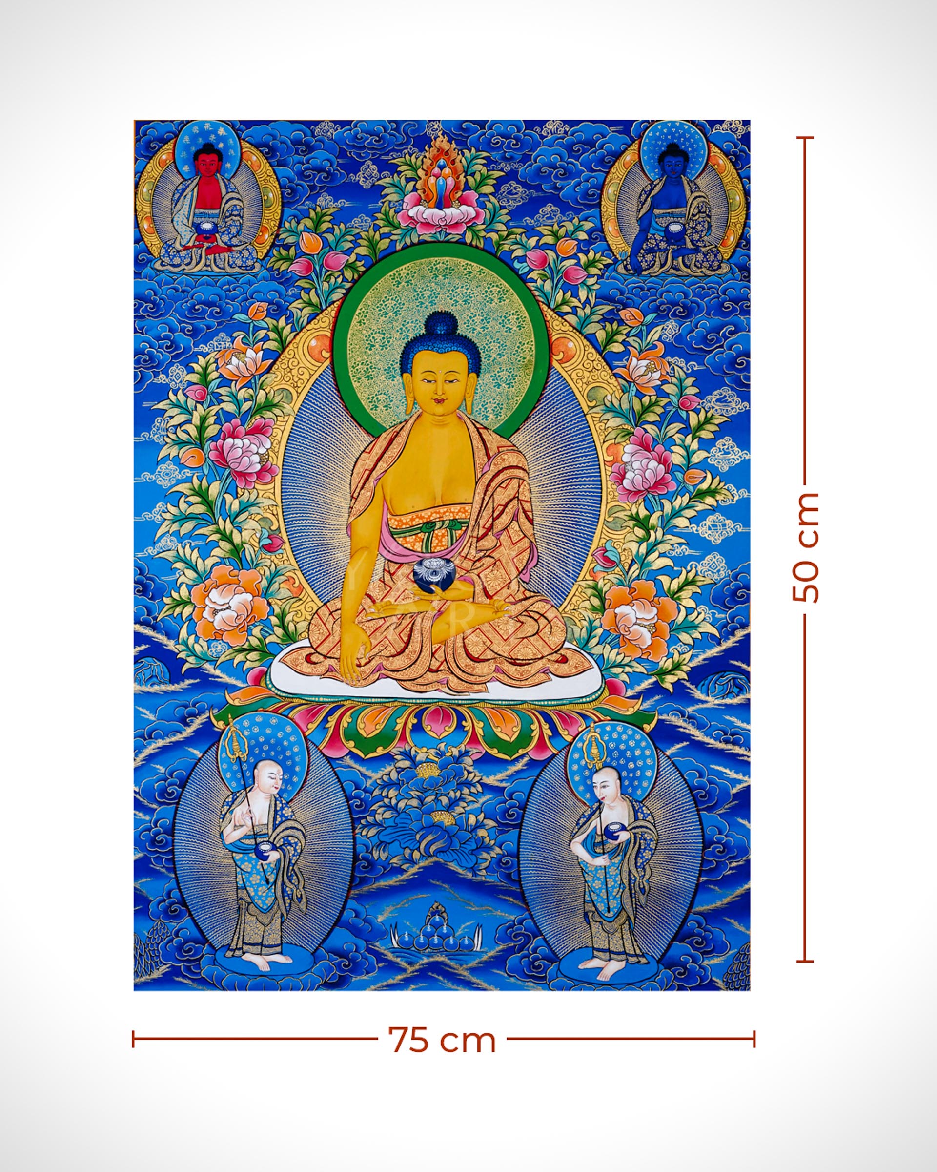 Tibetan thangka of Shakyamuni Buddha seated in meditation posture holding an alms bowl, surrounded by enlightened disciples, hand-painted with traditional Himalayan Buddhist iconography