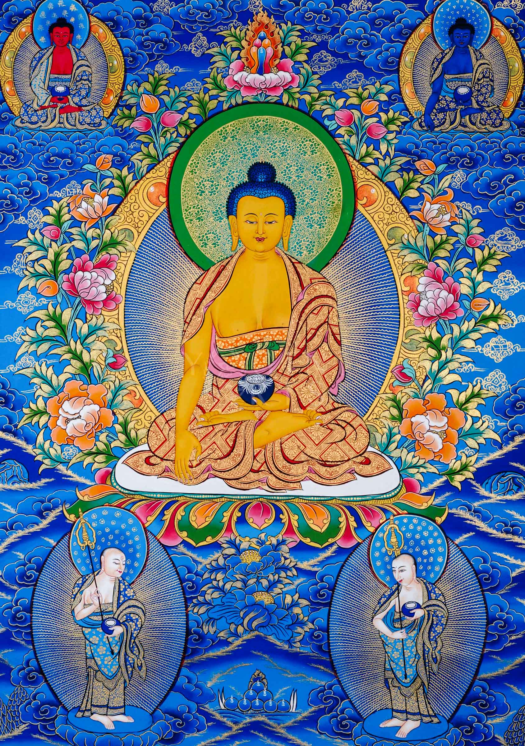 Tibetan thangka of Shakyamuni Buddha seated in meditation posture holding an alms bowl, surrounded by enlightened disciples, hand-painted with traditional Himalayan Buddhist iconography