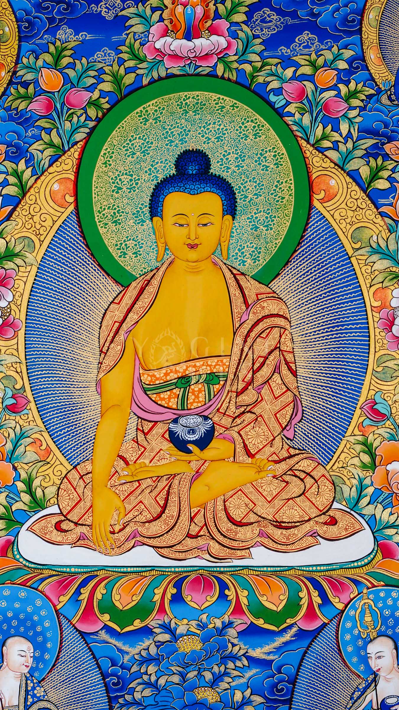 Tibetan thangka of Shakyamuni Buddha seated in meditation posture holding an alms bowl, surrounded by enlightened disciples, hand-painted with traditional Himalayan Buddhist iconography