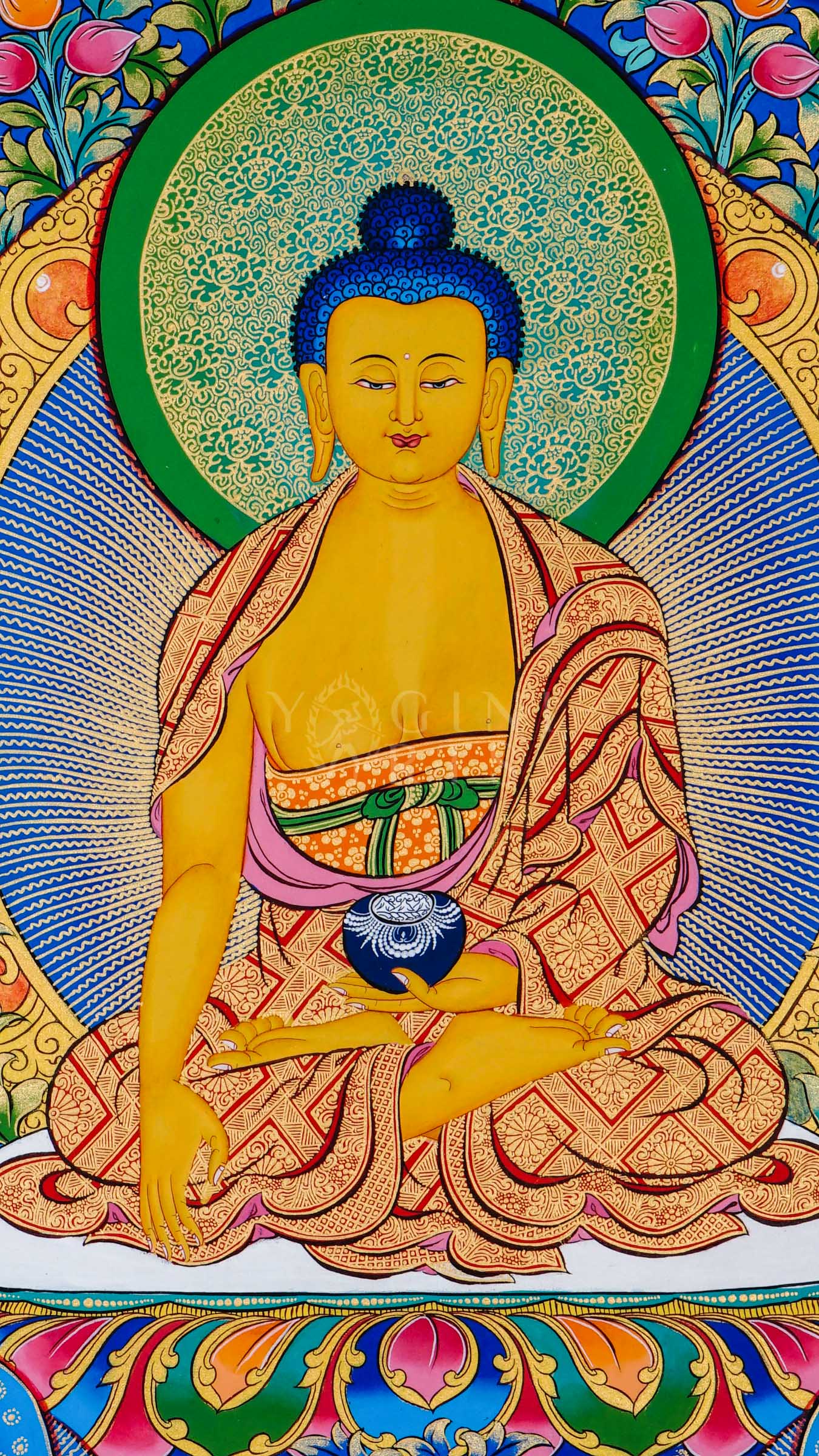 Tibetan thangka of Shakyamuni Buddha seated in meditation posture holding an alms bowl, surrounded by enlightened disciples, hand-painted with traditional Himalayan Buddhist iconography