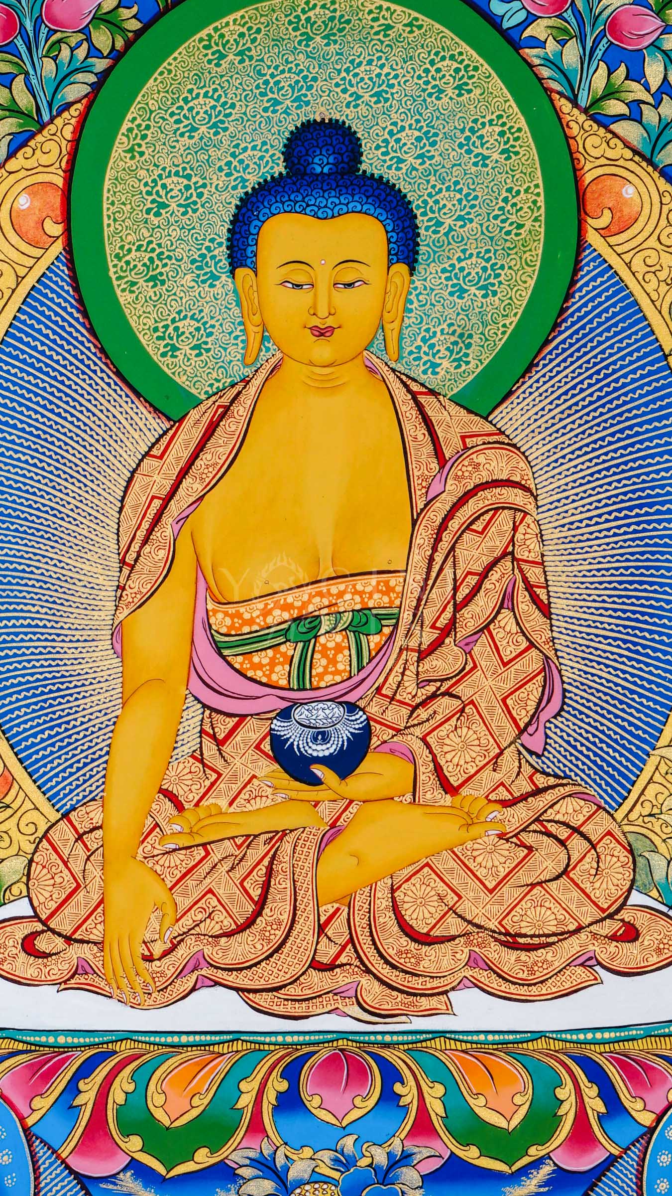 Tibetan thangka of Shakyamuni Buddha seated in meditation posture holding an alms bowl, surrounded by enlightened disciples, hand-painted with traditional Himalayan Buddhist iconography