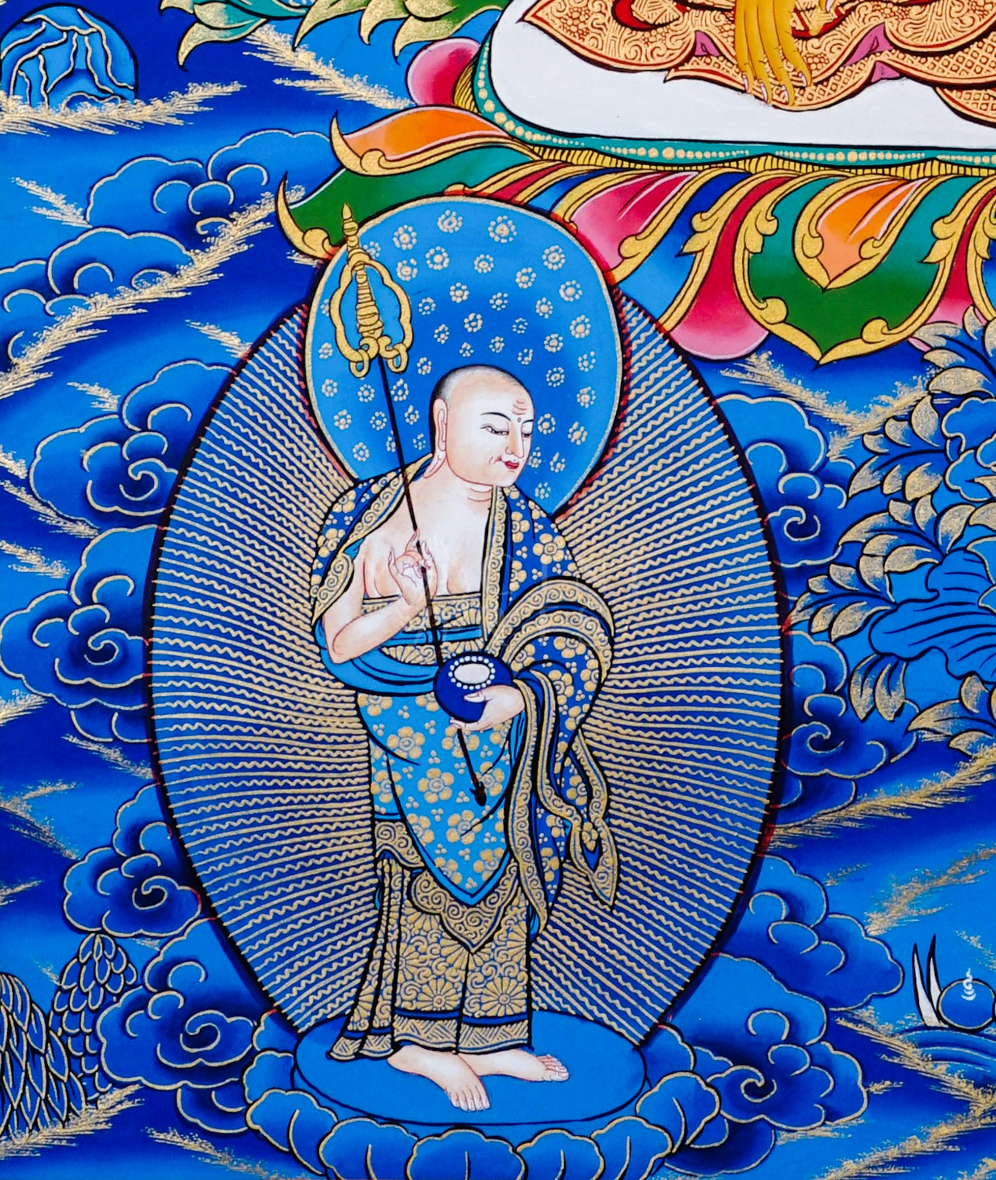 Tibetan thangka of Shakyamuni Buddha seated in meditation posture holding an alms bowl, surrounded by enlightened disciples, hand-painted with traditional Himalayan Buddhist iconography