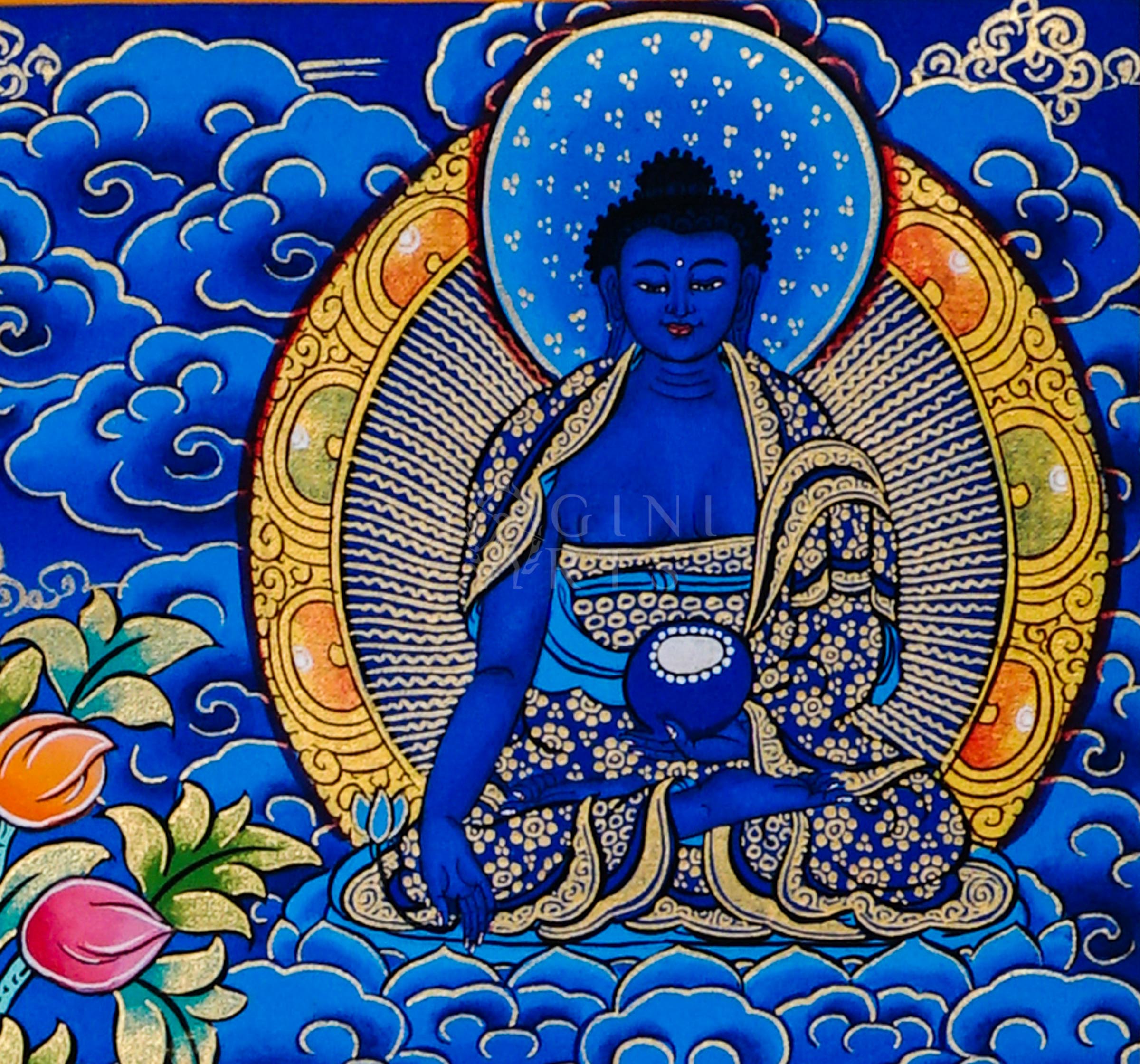 Tibetan thangka of Shakyamuni Buddha seated in meditation posture holding an alms bowl, surrounded by enlightened disciples, hand-painted with traditional Himalayan Buddhist iconography