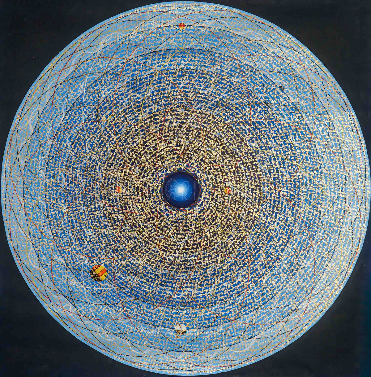 Cosmos Mandala Thangka painting in blue and gold with intricate concentric sacred lettering and a radiant central design, 100 x 100 cm