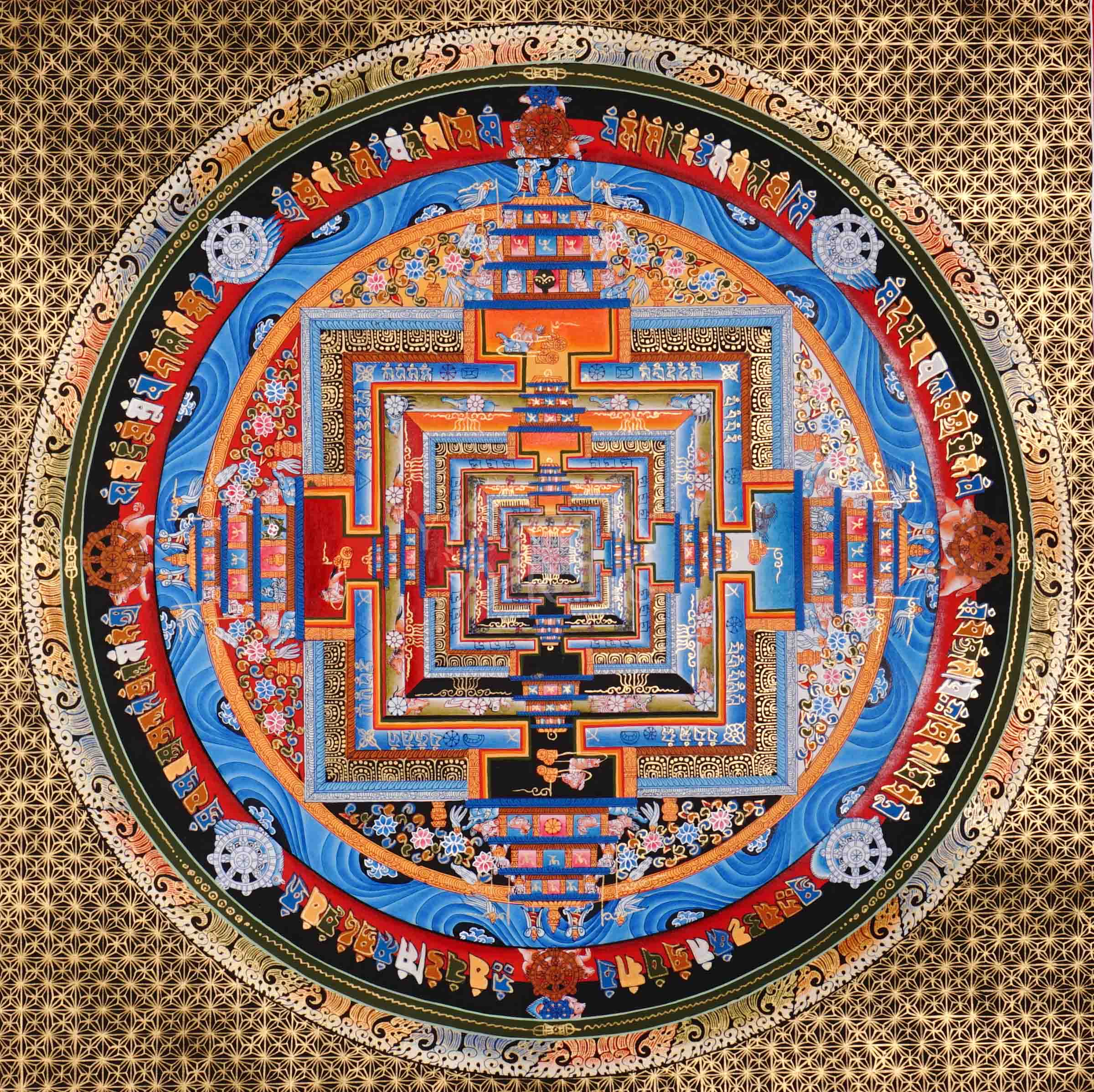 Hand painted Kalachakra Mandala thangka depicting intricate Tibetan Wheel of Time sacred geometry in symmetrical palace design