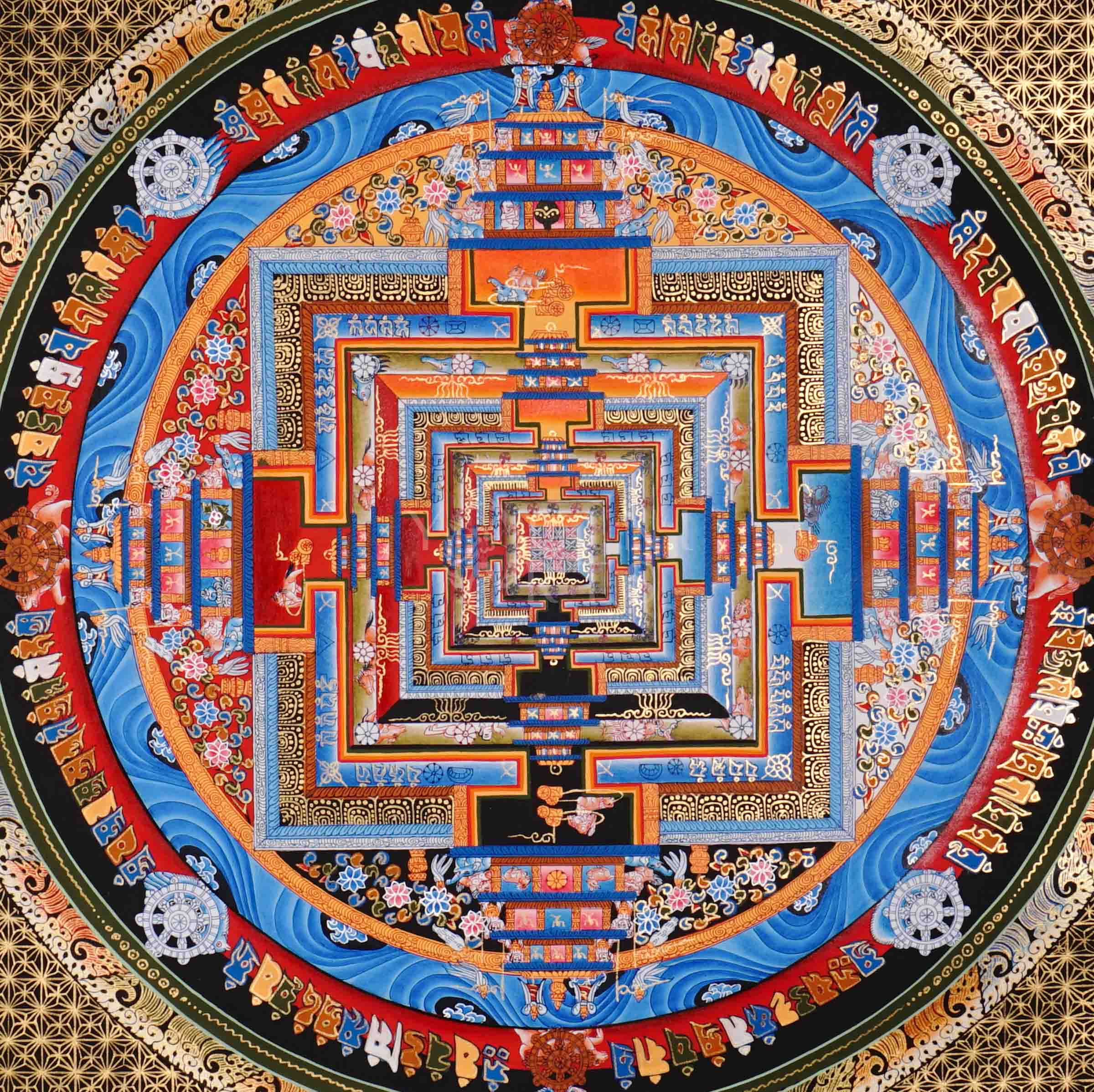 Hand painted Kalachakra Mandala thangka depicting intricate Tibetan Wheel of Time sacred geometry in symmetrical palace design