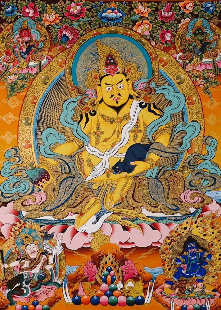Hand-painted Tibetan Yellow Zambhala thangka featuring wealth deity holding a mongoose, seated on a lotus with rich ornamentation.