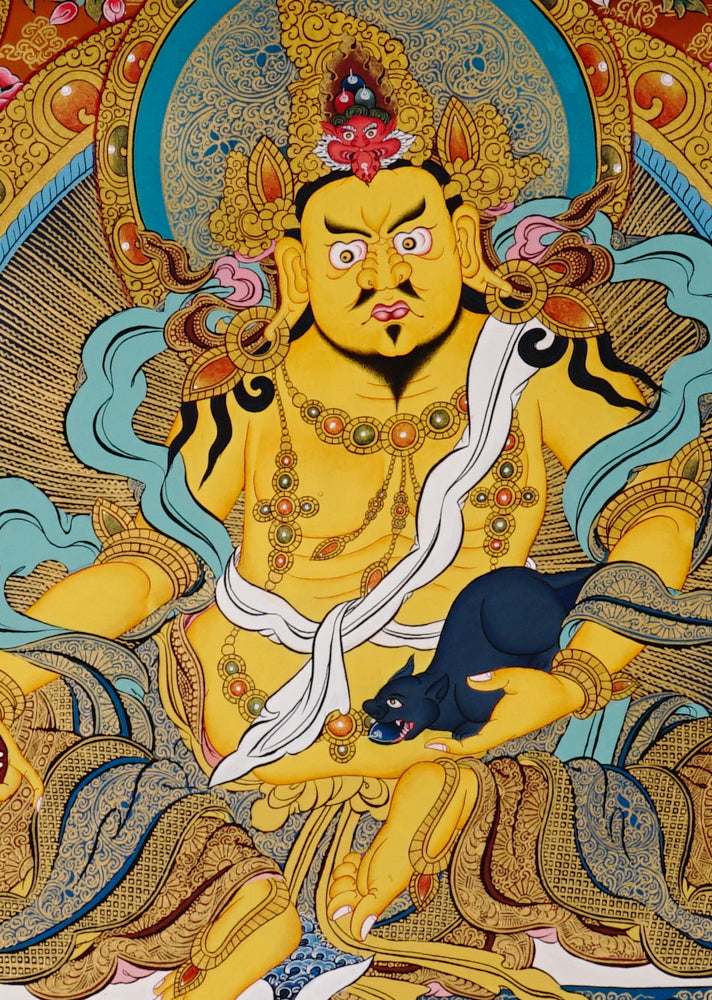 Hand-painted Tibetan Yellow Zambhala thangka featuring wealth deity holding a mongoose, seated on a lotus with rich ornamentation.
