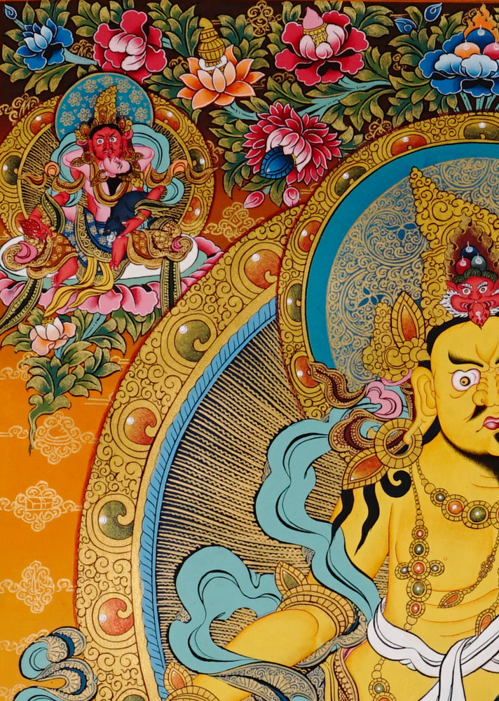 Hand-painted Tibetan Yellow Zambhala thangka featuring wealth deity holding a mongoose, seated on a lotus with rich ornamentation.