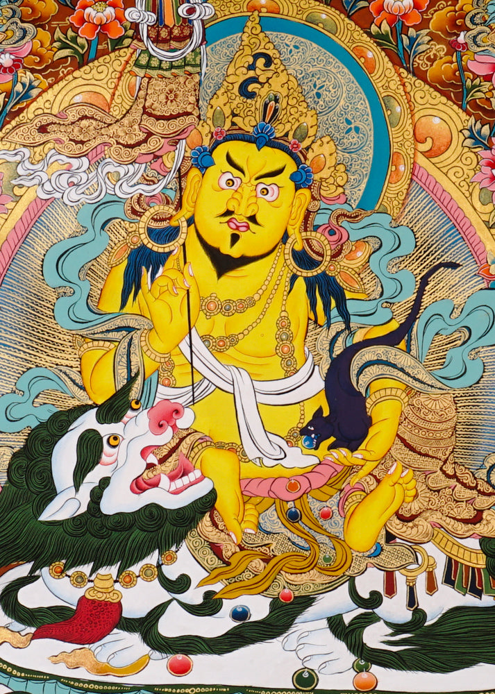 Hand-painted Singh Zambhala thangka showing lion-mounted wealth deity with mongoose and ornate background.