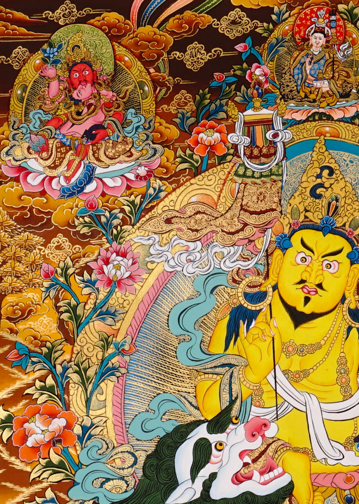 Hand-painted Singh Zambhala thangka showing lion-mounted wealth deity with mongoose and ornate background.