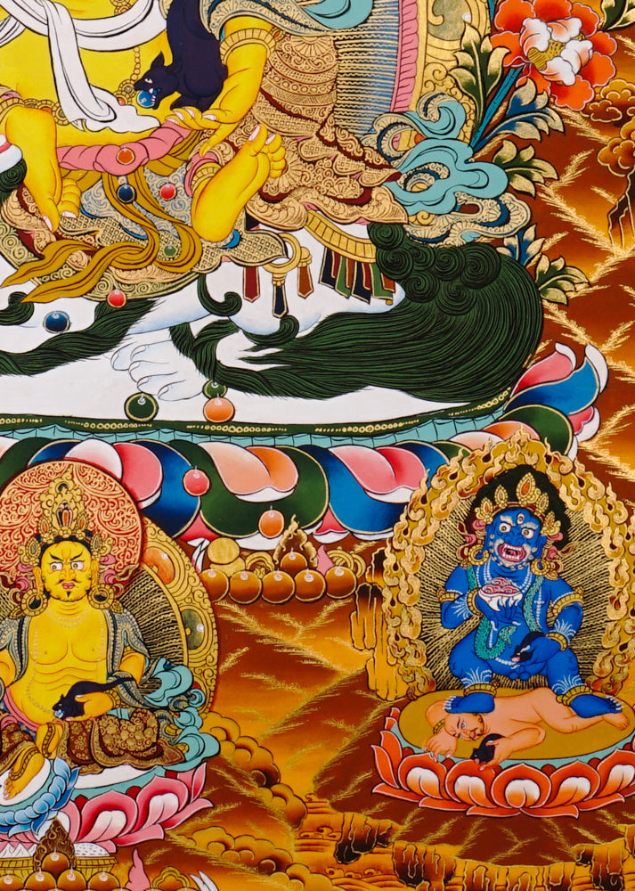Hand-painted Singh Zambhala thangka showing lion-mounted wealth deity with mongoose and ornate background.